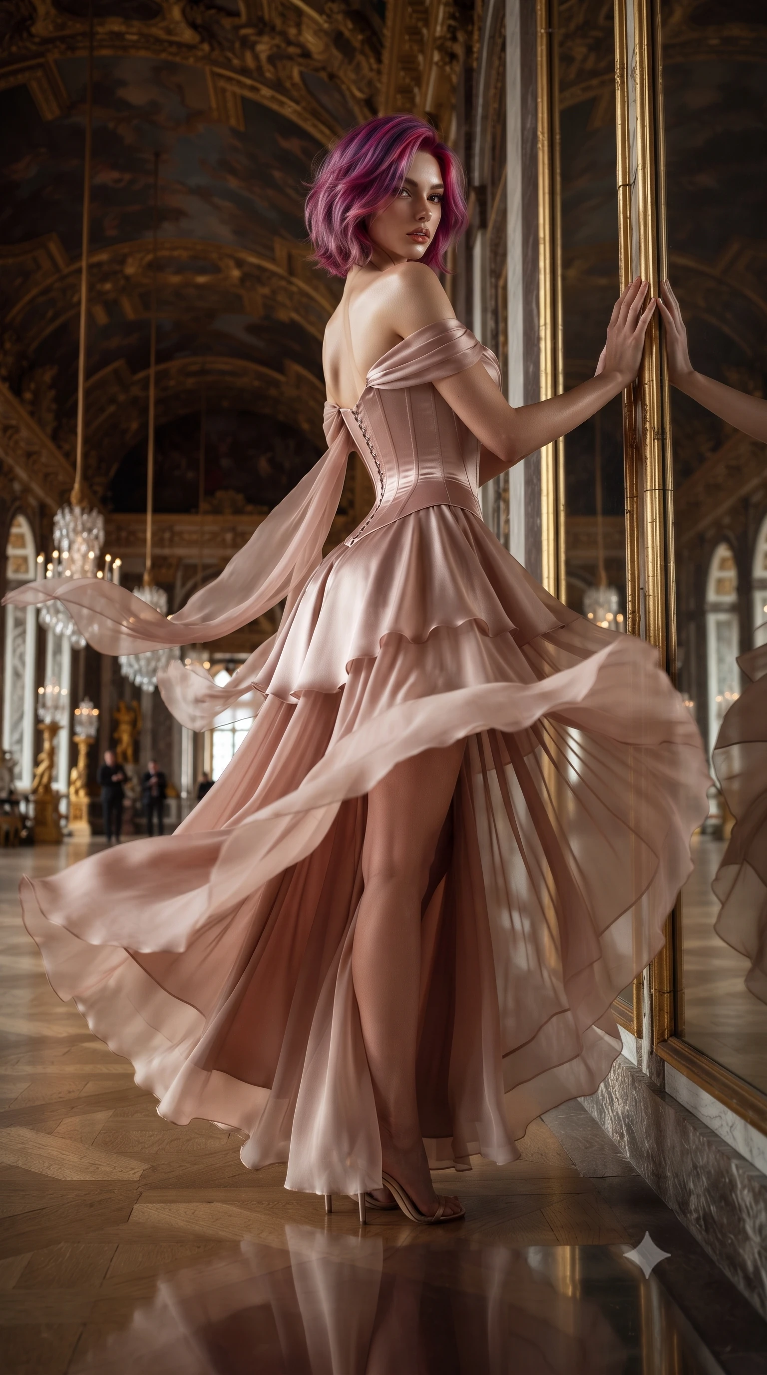 score_9, masterpiece, best quality, ultra-detailed, high-budget anime keyframe, editorial fashion photography, tasteful artistic composition, Caucasian woman. low angle full-body shot from head to toe showing her feet, filling the entire 9:16 vertical frame with her statuesque presence, stretching her vertical silhouette. executing an elegant mid-motion pivot turn as garments swirl around her slender limbs, glancing over her shoulder with an intoxicating bedroom-gaze while resting both hands against a colossal gilded mirror panel with lower back arched, glancing over her shoulder at her own reflection with parted glossy lips. The surrounding environment is rendered in vivid detail and crisp panoramic clarity. opulent neoclassical chiaroscuro and decadent French palace grandeur rendered with environmental sharpness. She has an absolutely perfect, statuesque 8.5-heads proportion, an exceptionally tall and slender model-like female figure with impossibly long slender legs, a toned flat midriff, an ultra-slim waist, and beautifully sculpted feminine hips. sharp v-shaped jawline, high-bridge nose, intricate jewel-like eyes with depth, thick eyelashes, glossy parted lips with a natural sheen, intensely captivating and seductive bedroom-eyes expression, flawlessly proportioned anatomical accuracy, strict slender model proportions, natural body alignment, perfectly sculpted long slender limbs, ultra-slim waistline, clean dynamic posture without body distortion. wearing an off-shoulder French court corset bodice dress paired with a tiered translucent chiffon slit skirt in dusky blush rose and champagne shimmer, tailored from ultra-smooth duchess satin with a pearlescent courtly sheen, finished with sheer floating train panels fluttering behind her in the mirrored hall, the second-skin form-contouring cut accentuating her sculpted flat midriff, narrow waistline, and dramatically curvy hips without adding bulk. illuminated by crisp specular highlights defining her bare clavicle, ultra-slim waistline, and curvaceous hips. ultra-reflective glossy finish, specular highlights, rich textural contrasts, high-contrast stereoscopic depth, volumetric dynamic lighting, 2k, ultra detail, master piece, 9:16 ratio