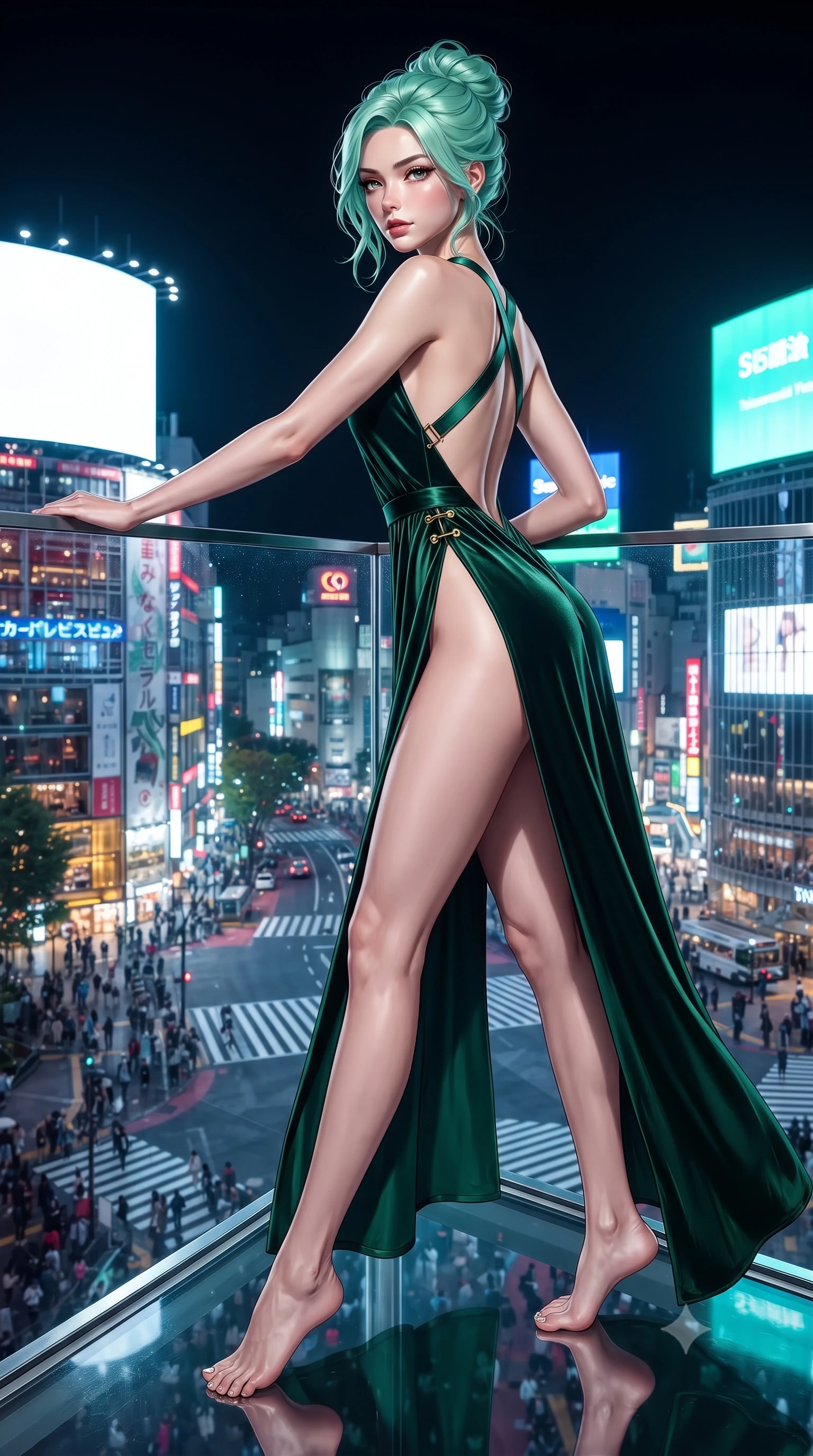 score_9, masterpiece, best quality, ultra-detailed, high-budget anime keyframe, editorial fashion photography, tasteful artistic composition, Japanese woman. low angle full-body shot from head to toe showing her feet, filling the entire 9:16 vertical frame with her statuesque presence, stretching her vertical silhouette. striding forward in a proud supermodel runway stride, hips swaying in an alluring kinetic rhythm that accentuates her curvy hourglass silhouette while leaning deep against the transparent cantilevered glasscube railing suspended 300 meters above Shibuya, hips cocked back as neon crossroads swirl beneath her feet. The surrounding environment is rendered in vivid detail and crisp panoramic clarity. detailed fabric sheen, neon reflection clarity, and endless Tokyo metropolis panorama in high resolution. She has an exceptionally tall and slender model-like 8.5-heads proportion, an ultra-slim waist, a flat toned midriff, narrow delicate ribcage, and beautifully sculpted feminine hips creating a graceful, slim hourglass silhouette without any bulky heaviness, with impossibly long slender legs. sharp v-shaped jawline, high-bridge nose, intricate jewel-like eyes with depth, thick eyelashes, glossy parted lips with a natural sheen, intensely captivating and seductive bedroom-eyes expression, flawlessly proportioned anatomical accuracy, strict slender model proportions, natural body alignment, perfectly sculpted long slender limbs, ultra-slim waistline, clean dynamic posture without body distortion. wearing a plunging-V neckline duchess satin gown with high side slits ascending to the high hip in deep emerald green satin and gold hardware, crafted from heavyweight crushed silk velvet with liquid vintage luster, finished with criss-cross back satin straps highlighting her graceful shoulder blades, the dramatically scooped open back descending to the base of her spine, accentuating her razor-sharp statuesque lines and slim hourglass silhouette. illuminated by wet specular glass bounce lights sculpting her razor-sharp jawline, narrow waist, and curvy hips. ultra-reflective glossy finish, specular highlights, rich textural contrasts, high-contrast stereoscopic depth, volumetric dynamic lighting, 2k, ultra detail, master piece, 9:16 ratio