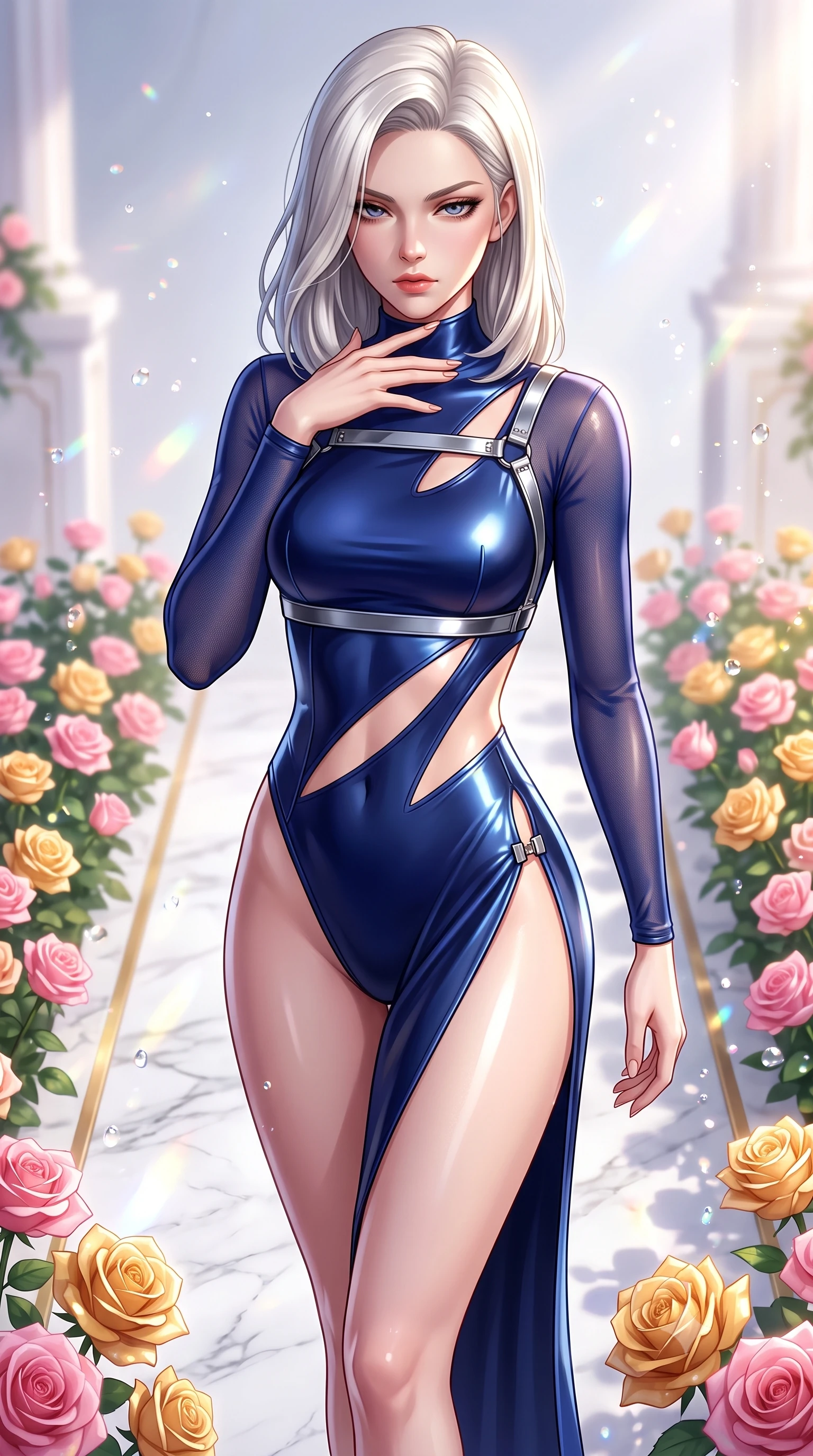 score_9, masterpiece, best quality, ultra-detailed, high-budget anime keyframe, semi-realistic 3D game render, editorial fashion photography, tasteful artistic composition, Caucasian woman. close-up cowboy shot from the waist and thighs up, the character dominates the composition, filling the frame with her large presence. resting her fingers lightly against her throat while looking down with a smoldering, haughty yet intensely captivating glance while pivoting dynamically along a white marble aisle lined with fragrant pink and golden roses catching brilliant sunlight. The composition keeps background elements in soft focus with creamy bokeh. glistening morning dew droplets scattering prismatic light motes across a luminous backdrop. She has an exceptionally elegant, slender, and willowy female figure with an ultra-slim waist, a gracefully sculpted slender torso, toned flat midriff, and a refined slim silhouette. sharp v-shaped jawline, high-bridge nose, intricate jewel-like eyes with depth, thick eyelashes, glossy lips with a natural sheen, flawlessly proportioned anatomical accuracy, strict slender model proportions, natural body alignment, perfectly sculpted long slender limbs, ultra-slim waistline, clean dynamic posture without body distortion. wearing an ultra-sleek high-cut tech-bodysuit featuring dangerous diagonal slitted cutouts on the midriff and shoulders, reinforced by a metallic silver harness and sheer mesh sleeves in deep royal navy blue and specular chrome, made of liquid metal jersey that clings flawlessly to every contour of her build, finished with an ultra-high side slit secured by miniature magnetic clasps, the glove-like aerodynamic second-skin fit tightly clinging to her ultra-slender waist and athletic curves without adding bulk, accentuating her razor-sharp statuesque lines and slim hourglass silhouette. illuminated by fresh botanical ambient radiance and sparkling specular highlights tracing her curves. highly saturated vibrant anime colors, detailed shading with soft gradients, rich glossy textures, high-contrast stereoscopic depth, volumetric dynamic lighting, master piece, 9:16 ratio