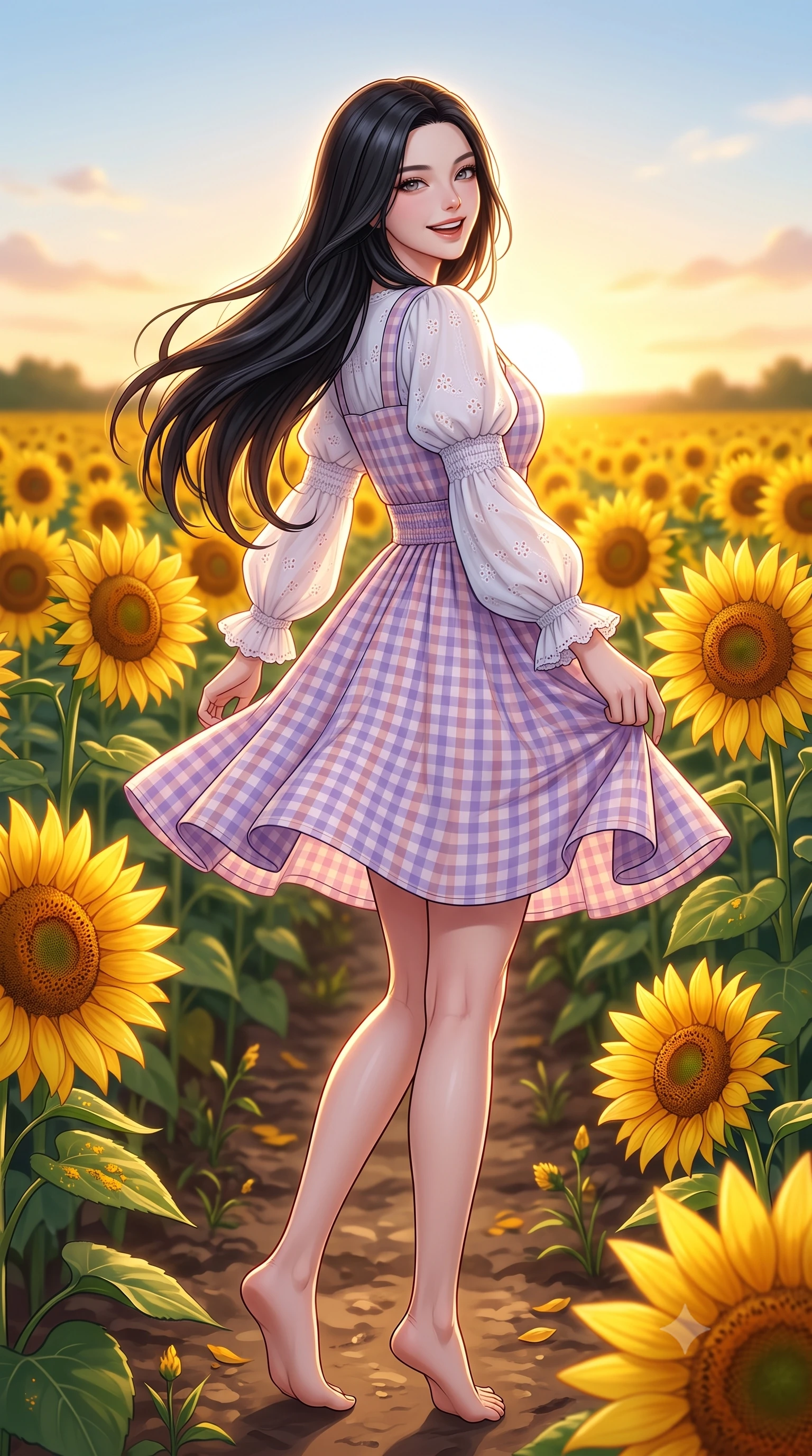 score_9, masterpiece, best quality, ultra-detailed, high-budget anime keyframe, semi-realistic 3D game render, editorial fashion photography, tasteful artistic composition, Korean woman. low angle full-body shot from head to toe showing her feet, filling the entire 9:16 vertical frame with her statuesque presence, stretching her vertical silhouette. performing a cheerful mid-motion turn with effortless poise, her skirt fluttering softly as she smiles into the camera while turning back with a playful, joyful laugh as the setting sun creates a golden halo around her lovely silhouette. The surrounding environment is rendered in vivid detail and crisp panoramic clarity. intricate sunflower petals, golden pollen details, and textured soil pathways rendered in deep focus. She has an absolutely perfect, statuesque 8.5-heads proportion, an exceptionally tall and slender model-like female figure with impossibly long slender legs, a toned flat midriff, and an ultra-slim waist. sharp v-shaped jawline, high-bridge nose, intricate jewel-like eyes with depth, thick eyelashes, glossy lips with a natural sheen, pure and lovely fresh girlhood expression, flawlessly proportioned anatomical accuracy, strict slender model proportions, natural body alignment, perfectly sculpted long slender limbs, ultra-slim waistline, clean dynamic posture without body distortion. wearing a charming pastel gingham pinafore dress layered over a soft white puff-sleeve blouse in subtle lilac violet and soft rose gold, woven with delicate eyelet lace and breathable cotton voile, accented with soft smocked elastic details and ruffled cuff trims, the breezy lightweight fabric fluttering softly against her delicate collarbones, narrow waist, and feminine curves. bathed in gorgeous warm golden hour sunset backlighting creating a glowing rim light along her hair and figure. highly saturated vibrant anime colors, detailed shading with soft gradients, rich glossy textures, high-contrast stereoscopic depth, volumetric dynamic lighting, master piece, 9:16 ratio