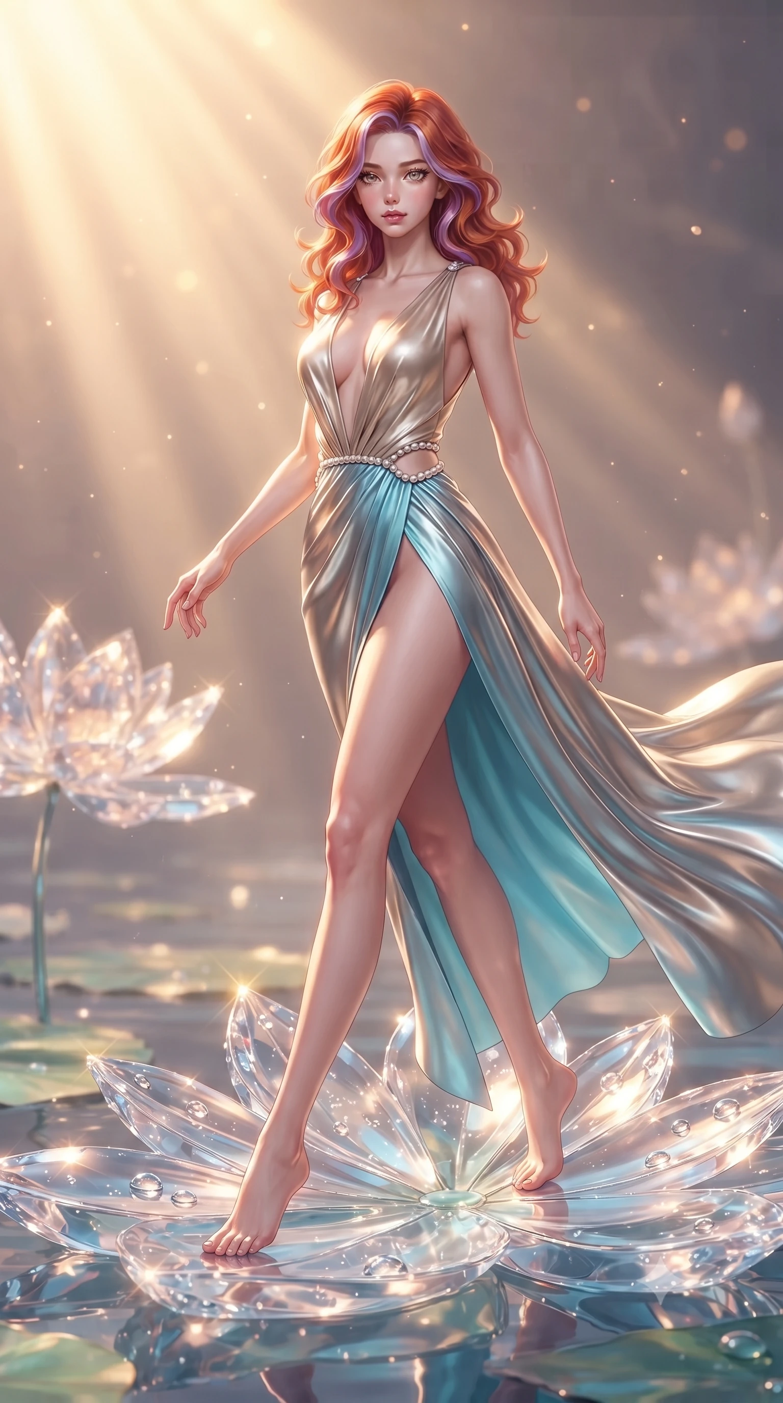 score_9, masterpiece, best quality, ultra-detailed, high-budget anime keyframe, editorial fashion photography, tasteful artistic composition, Caucasian woman. low angle full-body shot from head to toe showing her feet, filling the entire 9:16 vertical frame with her statuesque presence, stretching her vertical silhouette. stepping gracefully through the radiant environment, stretching her statuesque silhouette, poised on a giant crystal lotus leaf in a mirror-still opal pond, dewdrops on crystal petals sparkling under golden sunbeams. She has an absolutely perfect, statuesque 8.5-heads proportion, an exceptionally tall and slender model-like female figure with impossibly long slender legs and an ultra-slim waist. sharp v-shaped jawline, high-bridge nose, intricate jewel-like eyes with depth, thick eyelashes, glossy lips with a natural sheen. wearing deep plunging V-neckline champagne silk gown with daring high thigh slit in sky blue turquoise, made of liquid mercury jersey, adorned with minimalist pearl hardware framing the waistline, following her slender form with tailored precision. illuminated by soft rose-gold bioluminescence and warm sunbeams. ultra-reflective glossy finish, specular highlights, metallic sheen, high-contrast stereoscopic depth, volumetric dynamic lighting, 2k, ultra detail, master piece, 9:16 ratio