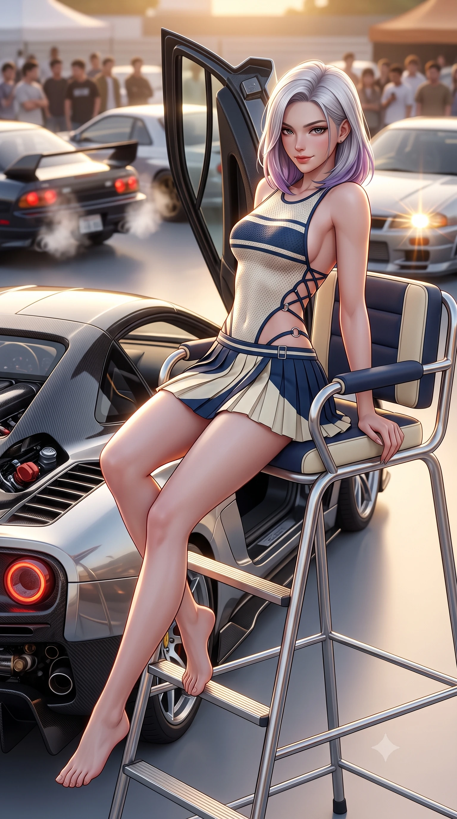 score_9, masterpiece, best quality, ultra-detailed, high-budget anime keyframe, semi-realistic 3D game render, editorial fashion photography, tasteful artistic composition, Caucasian woman. low angle full-body shot from head to toe showing her feet, filling the entire 9:16 vertical frame with her statuesque presence, stretching her vertical silhouette. sitting perched on the elevated umpire chair with legs crossed and hips angled toward the camera, displaying her toned midriff and long slender limbs with joyful, coquettish charm while leaning against the scissor door of a customized supercar with hips cocked back, looking into the lens with an intoxicating, confident smirk. The background shows a soft-focus steaming exhausts and crowds of car enthusiasts softened in iconic Japanese car-culture shallow focus. She has an absolutely perfect, statuesque 8.5-heads proportion, an exceptionally tall and slender model-like female figure with impossibly long slender legs, an ultra-slim waist, a flat toned midriff, narrow delicate ribcage, and beautifully sculpted feminine hips creating a graceful, slim hourglass silhouette without any bulky heaviness. sharp v-shaped jawline, high-bridge nose, sparkling eyes with athletic focus and depth, thick curled eyelashes, glossy parted lips with a natural coral-peach sheen, bright confident and coquettish smile with alluring bedroom-eyes, exuding both youthful sporty vigor and sovereign high-society glamour, flawlessly proportioned anatomical accuracy, strict slender model proportions, natural body alignment, perfectly sculpted long slender limbs, ultra-slim waistline, clean dynamic posture without body distortion. wearing a backless lace-up racing leotard with side hip cutouts and a pleated wrap skirt framing her hourglass curves in retro tennis cream and navy blue stripes, woven from semi-opaque performance athletic mesh with hexagonal micro-perforations, finished with sharp laser-cut side ventilation cutouts framed by chrome rings, the precision-cut side openings and low-back scoop framing her graceful spine and the sensual sweep of her slim, athletic hips. illuminated by high-beam headlight flares and sharp chrome rim lights sculpting her razor-sharp jawline, narrow waist, and curvy hips. highly saturated vibrant anime colors, detailed shading with soft gradients, rich glossy textures, high-contrast stereoscopic depth, volumetric dynamic lighting, master piece, 9:16 ratio