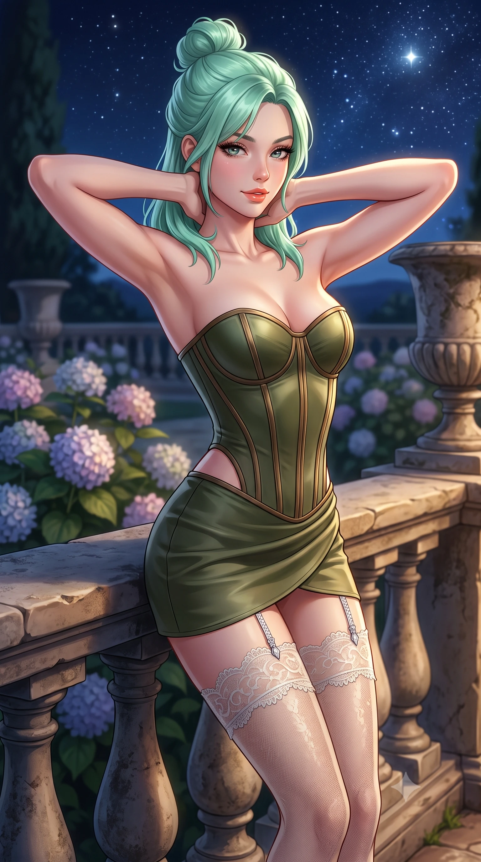 score_9, masterpiece, best quality, ultra-detailed, high-budget anime keyframe, semi-realistic 3D game render, editorial fashion photography, tasteful artistic composition, Japanese woman. close-up cowboy shot from the waist and thighs up, the character dominates the composition, filling the frame with her large presence. resting both hands lightly behind her neck with elbows raised, arching her spine to highlight her narrow waist, flat midriff, and breathtaking collarbones while leaning against the weathered stone balustrade overlooking the infinite horizon with hips cocked back, casting an intoxicating bedroom-smile. The background shows a soft-focus blooming hydrangeas and stone urns softened in historic Italian garden shallow focus. She has an exceptionally elegant, slender, and willowy female figure with an ultra-slim waist, flat toned midriff, narrow ribcage, and sculpted feminine hips creating an alluring, slim hourglass silhouette without bulk. sharp v-shaped jawline, high-bridge nose, sparkling eyes with hypnotic seductive depth, thick curled eyelashes, glossy parted lips with a natural dewy peach sheen, alluring bedroom-eyes with an enchanting coquettish smile, exuding magnetic siren charisma and sophisticated glamour, flawlessly proportioned anatomical accuracy, strict slender model proportions, natural body alignment, perfectly sculpted long slender limbs, ultra-slim waistline, clean dynamic posture without body distortion. wearing a structured boned leatherette corset bodice paired with an ultra-short micro-wrap mini skirt and sheer thigh-high stockings in Arashiyama moss green and antique bronze, made of delicate semi-sheer French Chantilly lace with intricate eyelash edges, finished with delicate crystal-encrusted thigh garter straps glinting in the dim light, the precision-cut side openings and low-back scoop framing her graceful spine and the sensual sweep of her slim, toned hips. bathed in warm 2800K garden walkway lantern light combined with brilliant celestial starlight. highly saturated vibrant anime colors, detailed shading with soft gradients, rich glossy textures, high-contrast stereoscopic depth, volumetric dynamic lighting, master piece, 9:16 ratio