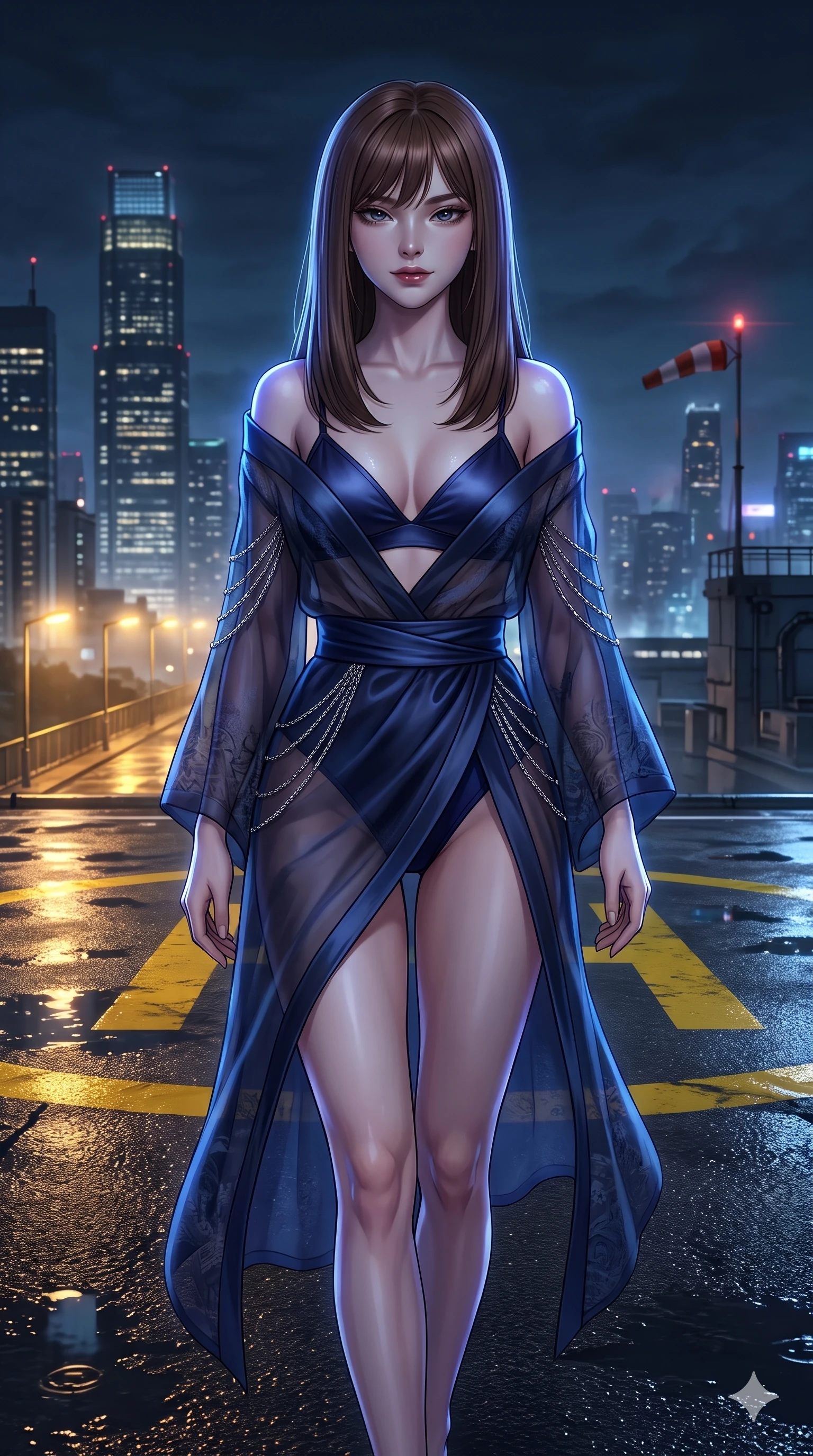 score_9, masterpiece, best quality, ultra-detailed, high-budget anime keyframe, semi-realistic 3D game render, editorial fashion photography, tasteful artistic composition, Korean woman. close-up cowboy shot from the waist and thighs up, the character dominates the composition, filling the frame with her large presence. glancing down over lowered lashes before meeting the camera with quiet, devastating intensity, her tailored outfit tracing her ultra-slim waist and hips while striding confidently across the wet helipad deck, her long slender legs and hourglass hips commanding the dystopian midnight skyline. The surrounding environment is rendered in vivid detail and crisp panoramic clarity: sharp yellow helipad markings, wet tarmac aggregate texture, and illuminated windsock beacon details in deep focus. She has an exceptionally elegant, slender, and willowy female figure with an ultra-slim waist, flat toned midriff, narrow ribcage, and sculpted feminine hips creating an alluring, slim hourglass silhouette without bulk. sharp v-shaped jawline, high-bridge nose, intricate jewel-like dark sparkling eyes with dangerous depth, thick curled eyelashes, glossy parted lips with a rich wine sheen, smoldering seductive half-smile with bedroom-eyes, exuding effortless superiority and intoxicating dark allure, flawlessly proportioned anatomical accuracy, strict slender model proportions, natural body alignment, perfectly sculpted long slender limbs, ultra-slim waistline, clean dynamic posture without body distortion. wearing a sheer gossamer organza evening kimono slipping off bare shoulders over a matching satin micro-bralette and briefs in cobalt blue floodlights and warm golden promenade streetlights, tailored from smooth liquid silk satin that clings smoothly to her narrow waist and rounded hips with a dewy sheen, accented with an open-back drape framed by falling strands of delicate chrome chains, the high-slit wrap tailoring accentuating her ultra-slim waistline and the enchanting curve of her feminine hips with alluring seductive charm. illuminated by wet tarmac puddle bounce and sharp ultraviolet rim lights sculpting her razor-sharp jawline, narrow waist, and curvy hips. highly saturated vibrant anime colors, detailed shading with soft gradients, rich glossy textures, high-contrast stereoscopic depth, volumetric dynamic lighting, master piece, 9:16 ratio