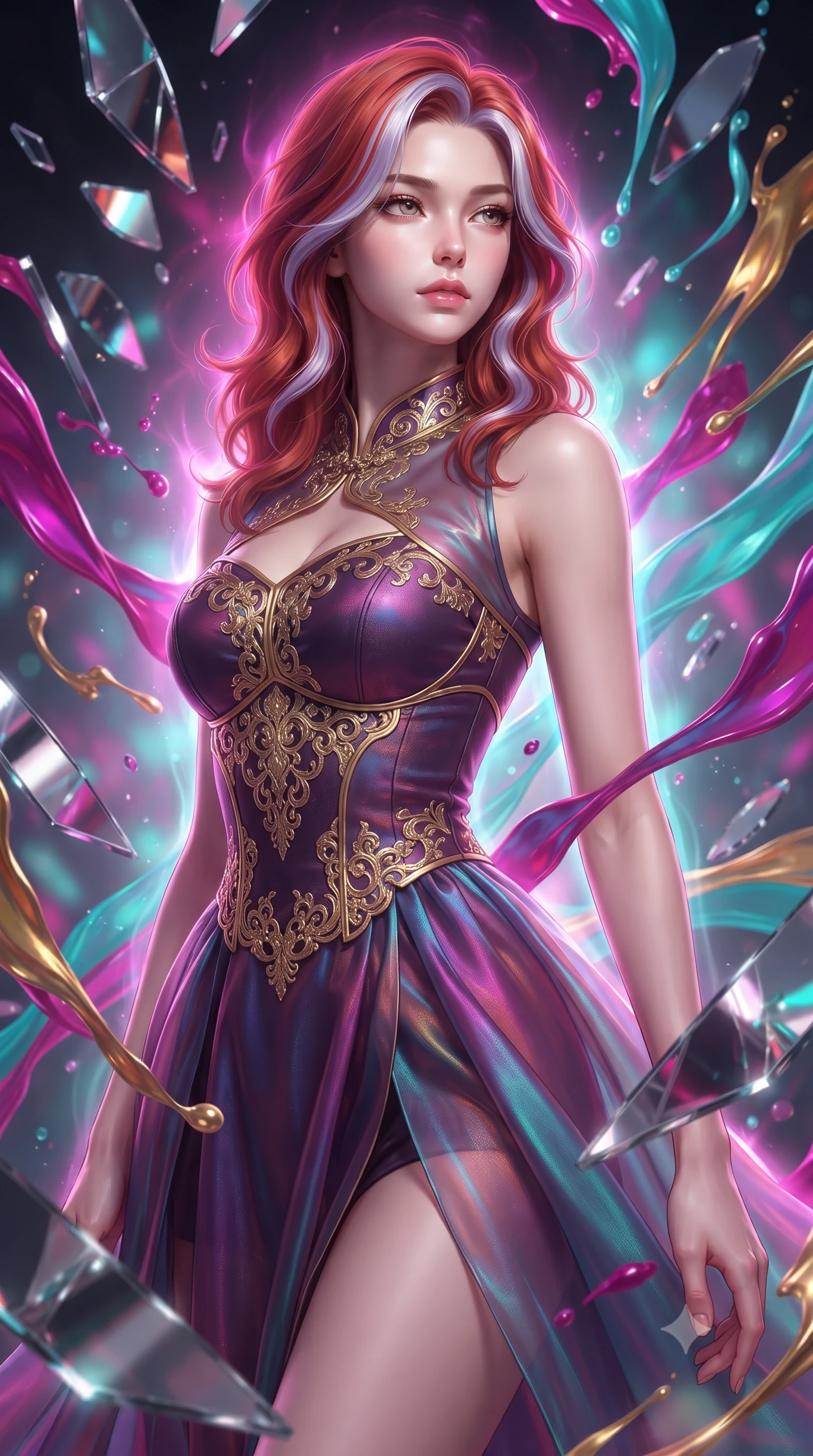 score_9, masterpiece, best quality, ultra-detailed, high-budget anime keyframe, editorial fashion photography, tasteful artistic composition, Caucasian woman. close-up cowboy shot from the waist and thighs up, the character dominates the composition, filling the frame with her large presence, background elements kept in soft focus. Gazing past the camera with an air of effortless elegance and mysterious confidence surrounded by rotating shattered mirror sculptures reflecting bright acrylic colors, swirling ribbons of magenta, turquoise, and gold liquid paint in zero-gravity. She has an exceptionally elegant, slender, and willowy female figure with an ultra-slim waist, a gracefully sculpted slender torso, and a refined silhouette. sharp v-shaped jawline, high-bridge nose, intricate jewel-like eyes with depth, thick eyelashes, glossy lips with a natural sheen. wearing a modern fusion silk hanbok dress with a structured bodice in plum purple and gold filigree, crafted from iridescent chiffon that shifts colors in the light, accented with a Tasteful chest slit framing her clavicle gracefully, the form-contouring material highlighting her ultra-slim waist and long lines. surrounded by a radiant glow of magenta and aqua fluid highlights. highly saturated vibrant anime colors, detailed shading with soft gradients, rich glossy textures, high-contrast stereoscopic depth, volumetric dynamic lighting, master piece, 9:16 ratio
