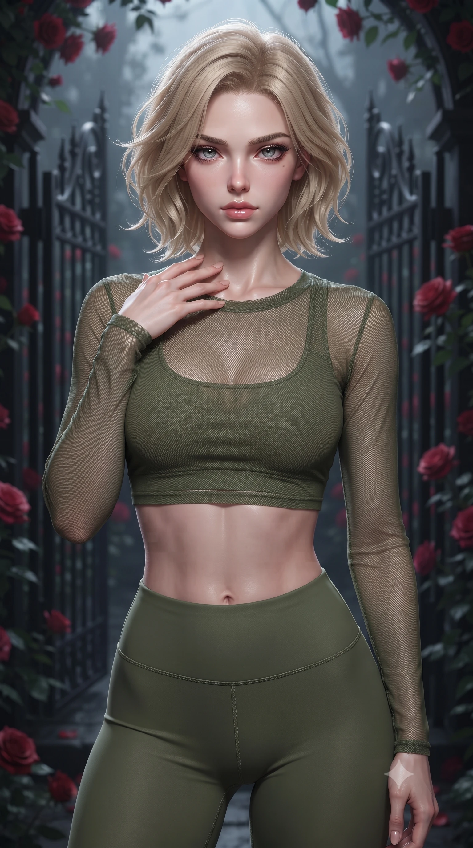score_9, masterpiece, best quality, ultra-detailed, high-budget anime keyframe, editorial fashion photography, tasteful artistic composition, Caucasian woman. close-up cowboy shot from the waist and thighs up, the character dominates the composition, filling the frame with her large presence, background elements kept in soft focus. standing with one hand resting on her collarbone, looking at the viewer with bedroom-eyes the background shows a soft-focus a gothic rose garden pavilion surrounded by black iron gates and blooming red roses. She has an exceptionally elegant, slender, and willowy female figure with an ultra-slim waist, a gracefully sculpted slender torso, and a refined silhouette. sharp v-shaped jawline, high-bridge nose, intricate jewel-like eyes with depth, thick eyelashes, glossy lips with a natural sheen. wearing a slim-fit sheer mesh long-sleeve crop top in olive green, worn over a matching sports bra and leggings. cool silver moonlight tracing her jawline with a sharp rim light. ultra-reflective glossy finish, specular highlights, metallic sheen, high-contrast stereoscopic depth, volumetric dynamic lighting, 2k, ultra detail, master piece, 9:16 ratio