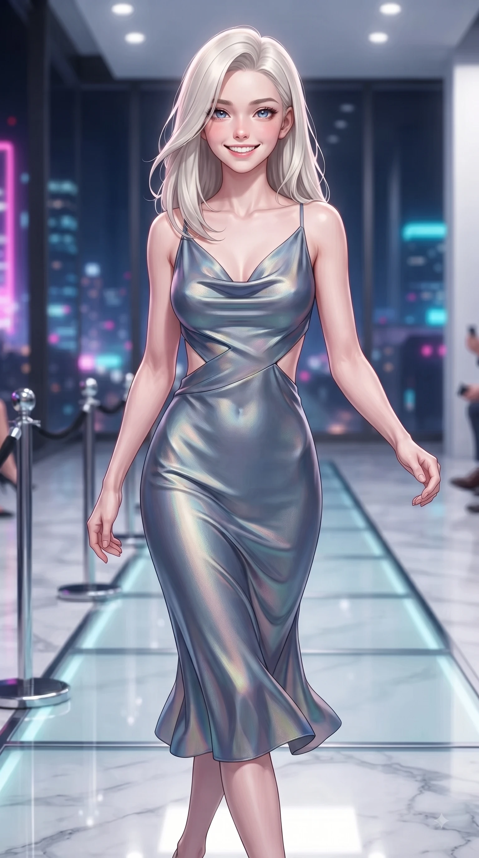 score_9, masterpiece, best quality, ultra-detailed, high-budget anime keyframe, editorial fashion photography, tasteful artistic composition, Caucasian woman. close-up cowboy shot from the waist and thighs up, the character dominates the composition, filling the frame with her large presence, background elements kept in soft focus. Cheerful beaming smile with sparkling eyes and a fresh girlhood aura, leaning forward with playful grace while walking down an illuminated glass runway under sleek fashion spotlights, sleek chrome fixtures and polished marble floors reflecting crisp editorial key lights. She has an exceptionally elegant, slender, and willowy female figure with an ultra-slim waist, a gracefully sculpted slender torso, and a refined silhouette. sharp v-shaped jawline, high-bridge nose, intricate jewel-like eyes with depth, thick eyelashes, glossy lips with a natural sheen, flawlessly proportioned anatomical accuracy, natural body alignment, perfectly sculpted elegant limbs, clean dynamic posture without body distortion. wearing an elegant cowl-neck satin midi dress with a graceful draped neckline in slate blue and metallic silver, crafted from iridescent chiffon that shifts colors in the light, featuring clean architectural cutouts along her slender torso, the glove-like fit emphasizing her statuesque silhouette during motion. illuminated by vibrant neon skyline glow and clear specular rim highlights. ultra-reflective glossy finish, specular highlights, metallic sheen, high-contrast stereoscopic depth, volumetric dynamic lighting, 2k, ultra detail, master piece, 9:16 ratio