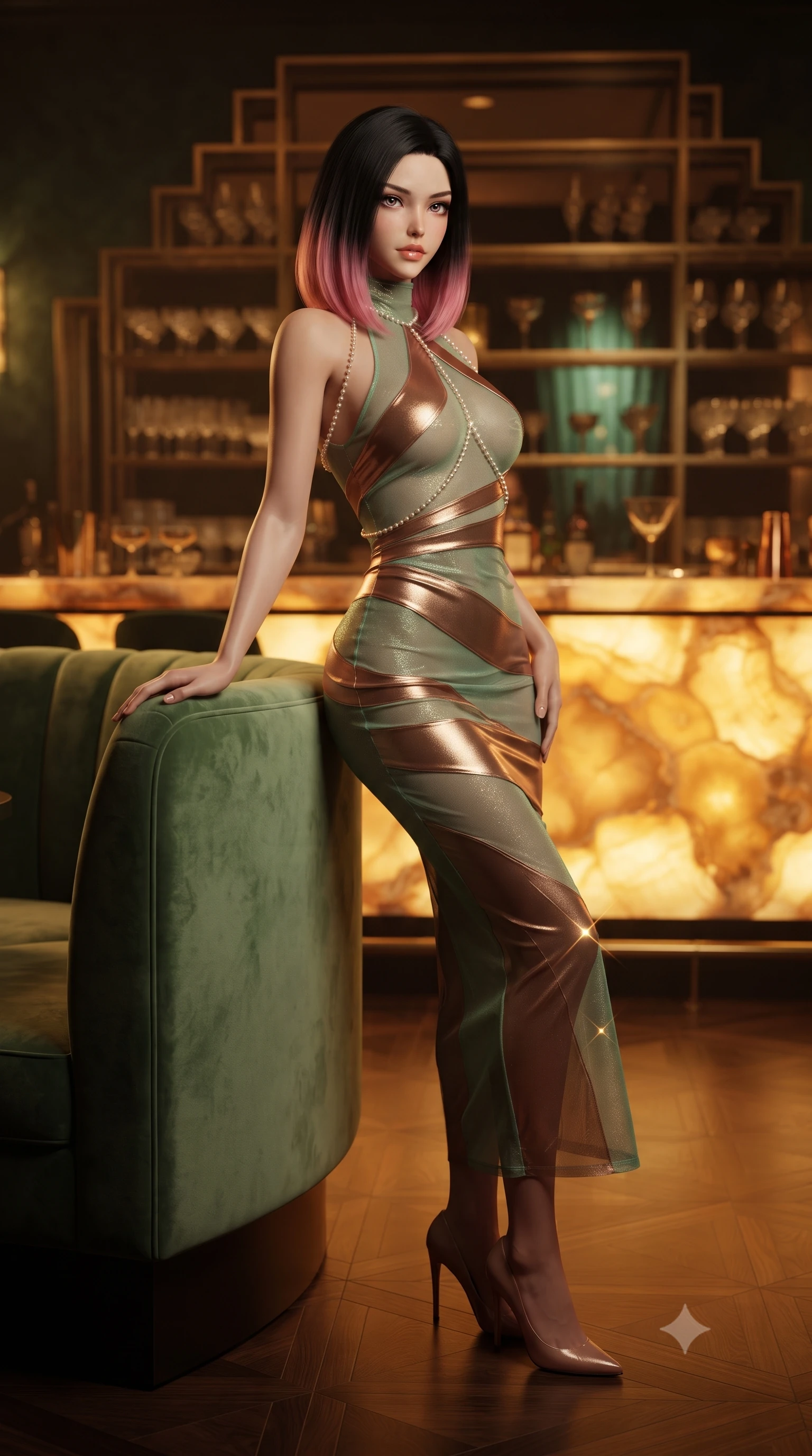 score_9, masterpiece, best quality, ultra-detailed, high-budget anime keyframe, editorial fashion photography, tasteful artistic composition, Korean woman. low angle full-body shot from head to toe showing her feet, filling the entire 9:16 vertical frame with her statuesque presence, stretching her vertical silhouette. leaning deep against the balcony balustrade with hips cocked back in an unapologetically alluring high-fashion stance, casting an intoxicating glance while leaning back against the curved green velvet banquette with hips cocked back, looking into the camera with an intoxicating, smoldering bedroom-smile. The background shows a soft-focus stepped geometric Art Deco brass shelving, glowing backlit onyx bar counter, and smoky cocktail lounge atmosphere blurred into amber, emerald, and charcoal bokeh. She has an absolutely perfect, statuesque 8.5-heads proportion, an exceptionally tall and slender model-like female figure with impossibly long slender legs, an ultra-slim waist, a flat toned midriff, narrow delicate ribcage, and beautifully sculpted feminine hips creating a graceful, slim hourglass silhouette without any bulky heaviness. sharp v-shaped jawline, high-bridge nose, sparkling eyes with hypnotic seductive depth, thick curled eyelashes, glossy parted lips with a natural dewy peach sheen, alluring bedroom-eyes with an enchanting coquettish smile, exuding magnetic siren charisma and sophisticated glamour, flawlessly proportioned anatomical accuracy, strict slender model proportions, natural body alignment, perfectly sculpted long slender limbs, ultra-slim waistline, clean dynamic posture without body distortion. wearing a provocative high-neck sheer illusion cocktail dress with liquid satin ribbons contouring her curves in Moroccan mint green and hammered copper, woven from stretch metallic lurex jersey casting radiant starlight glints across her silhouette, accented with a pearl-drop body harness subtly framing her dewy collarbones and spine, the liquid-tight tailored fabric clinging flawlessly to her narrow waist and rounded feminine hips, emphasizing every millimeter of her sculpted slim hourglass curves without any bulky heaviness. bathed in intimate warm 2600K amber glow radiating from backlit honey onyx and concealed brass cove lights. ultra-reflective glossy finish, specular highlights, rich textural contrasts, high-contrast stereoscopic depth, volumetric dynamic lighting, 2k, ultra detail, master piece, 9:16 ratio