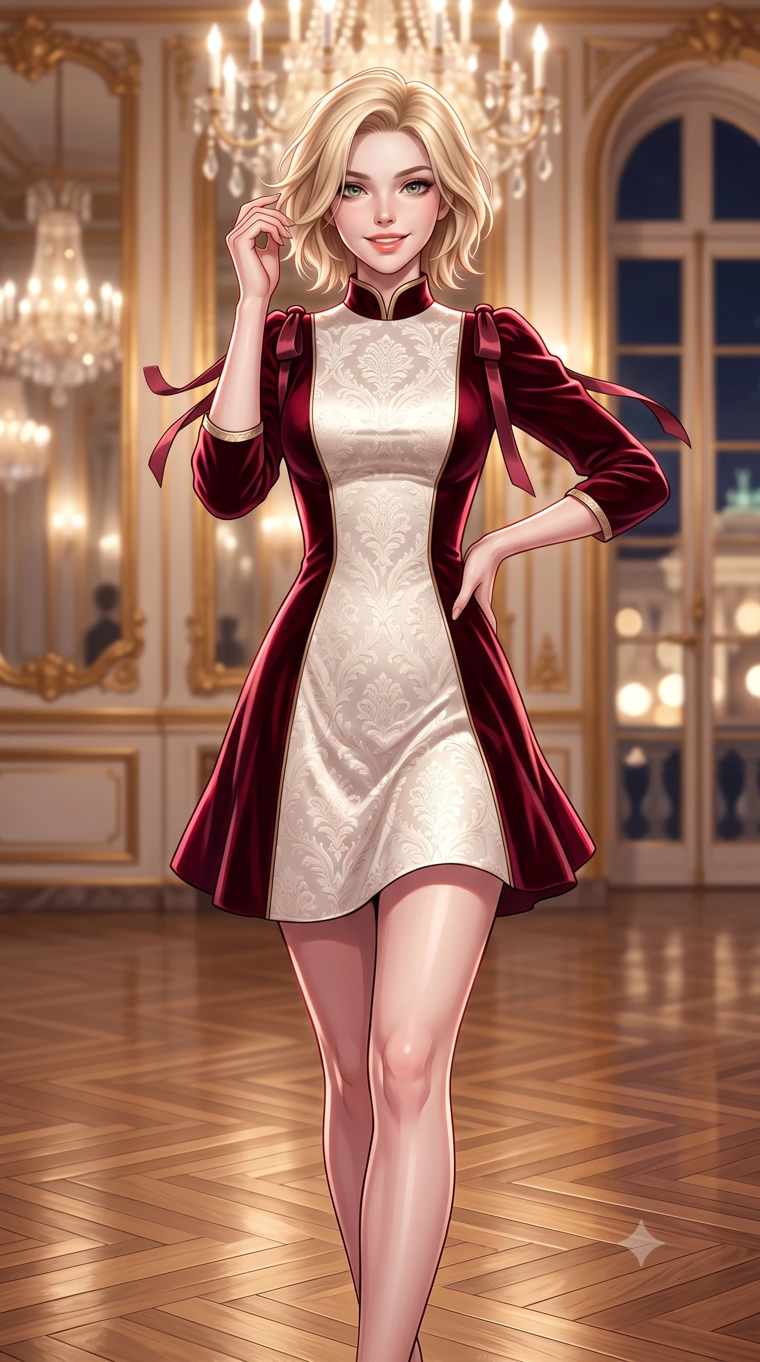 score_9, masterpiece, best quality, ultra-detailed, high-budget anime keyframe, semi-realistic 3D game render, editorial fashion photography, tasteful artistic composition, Caucasian woman. close-up cowboy shot from the waist and thighs up, the character dominates the composition, filling the frame with her large presence. twisting her slender torso in an alluring contrapposto stance, one hand resting on her sculpted hip while her fingers toy with her hair with effortless poise while striding slowly across the mirror-polished chevron parquet floor with tall model strides, her outfit swaying gracefully around her slender legs. The background shows a soft-focus infinite crystal chandelier reflections in tall French mirrors, gold-leaf rococo boiserie panels, and Heldenplatz square at night blurred into champagne, ivory, and gold bokeh. She has an exceptionally elegant, slender, and willowy female figure with an ultra-slim waist, flat toned midriff, narrow ribcage, and sculpted feminine hips creating an alluring, slim hourglass silhouette without bulk. sharp v-shaped jawline, high-bridge nose, intricate jewel-like sparkling eyes with depth, thick eyelashes, glossy parted lips with a natural peach sheen, bright cheerful beaming smile with an enchanting and coquettish sensual glint, exuding both youthful cute charm and seductive allure, flawlessly proportioned anatomical accuracy, strict slender model proportions, natural body alignment, perfectly sculpted long slender limbs, ultra-slim waistline, clean dynamic posture without body distortion. wearing a refined high-collar French jacquard brocade shift dress with bracelet sleeves in Belvedere ivory pearl and Habsburg bordeaux wine, tailored from ultra-plush silk velvet with rich tactile depth and deep shadow gradients, finished with satin ribbon ties at the shoulders fluttering in the gentle breeze, the impeccably tailored cut draping gracefully along her slender figure with aristocratic poise. illuminated by mirror specular reflections and sharp rose-gold rim lights sculpting her features, flat midriff, and slender waist. highly saturated vibrant anime colors, detailed shading with soft gradients, rich glossy textures, high-contrast stereoscopic depth, volumetric dynamic lighting, master piece, 9:16 ratio