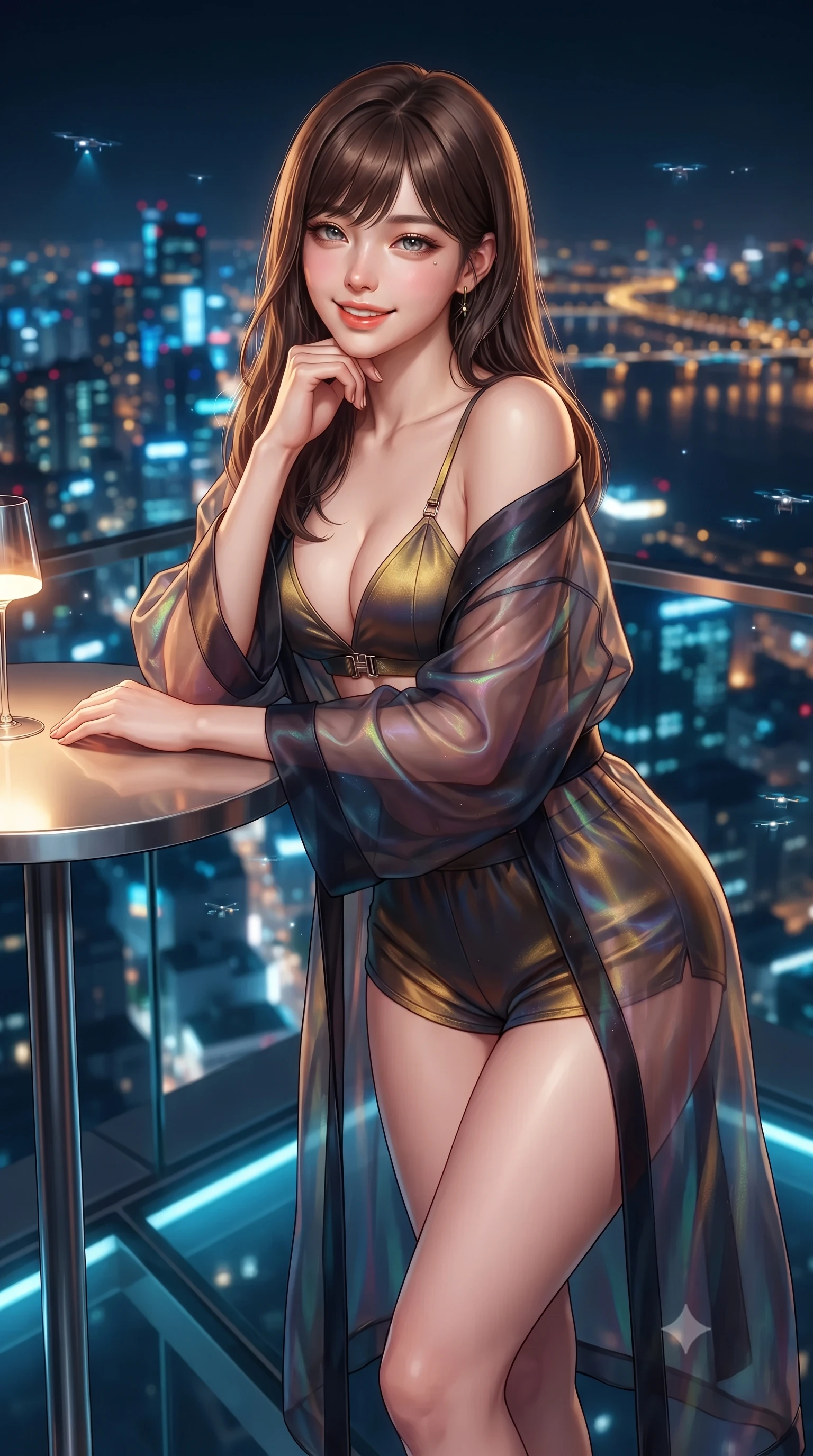 score_9, masterpiece, best quality, ultra-detailed, high-budget anime keyframe, editorial fashion photography, tasteful artistic composition, Korean woman. close-up cowboy shot from the waist and thighs up, the character dominates the composition, filling the frame with her large presence. resting one elbow on the table and supporting her chin, leaning close to the camera with heavy-lidded sparkling eyes and parted lips while standing poised on the frameless glass floor of the cantilevered skybridge 500 meters above Gangnam, arching her lower back with sovereign supermodel poise as traffic streaks below. The background shows a soft-focus infinite sea of neon skyscraper crowns, swarms of delivery drone light trails, and distant Han River bridges blurred into gold, cyan, and rose bokeh. She has an exceptionally elegant, slender, and willowy female figure with an ultra-slim waist, flat toned midriff, narrow ribcage, and sculpted feminine hips creating an alluring, slim hourglass silhouette without bulk. sharp v-shaped jawline, high-bridge nose, intricate jewel-like sparkling eyes with depth, thick eyelashes, glossy parted lips with a natural peach sheen, bright cheerful beaming smile with an enchanting and coquettish sensual glint, exuding both youthful cute charm and seductive allure, flawlessly proportioned anatomical accuracy, strict slender model proportions, natural body alignment, perfectly sculpted long slender limbs, ultra-slim waistline, clean dynamic posture without body distortion. wearing a translucent iridescent organza kimono robe slipping off bare shoulders over a matching satin micro-bralette and shorts in singularity accretion gold and deep space void black, crafted from translucent silk organza with an ethereal crystalline sheen, finished with sleek magnetic buckle closures fluttering in the breeze, the liquid-tight tailored fabric clinging flawlessly to her narrow waist and rounded feminine hips, emphasizing every millimeter of her sculpted slim hourglass curves without any bulky heaviness. bathed in warm 2700K ambient bar cove lighting paired with cool electric-blue skyscraper panorama radiance. ultra-reflective glossy finish, specular highlights, rich textural contrasts, high-contrast stereoscopic depth, volumetric dynamic lighting, 2k, ultra detail, master piece, 9:16 ratio