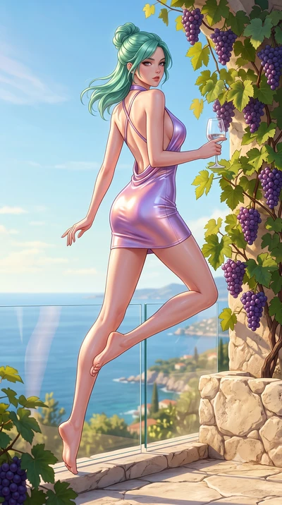 score_9, masterpiece, best quality, ultra-detailed, high-budget anime keyframe, semi-realistic 3D game render, editorial fashion photography, tasteful artistic composition, Japanese woman. low angle full-body shot from head to toe showing her feet, f