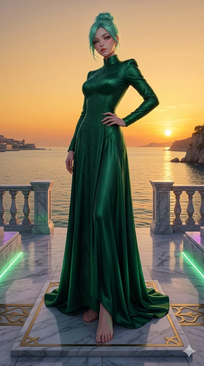 score_9, masterpiece, best quality, ultra-detailed, high-budget anime keyframe, editorial fashion photography, tasteful artistic composition, Japanese woman. low angle full-body shot from head to toe showing her feet, filling the entire 9:16 vertical