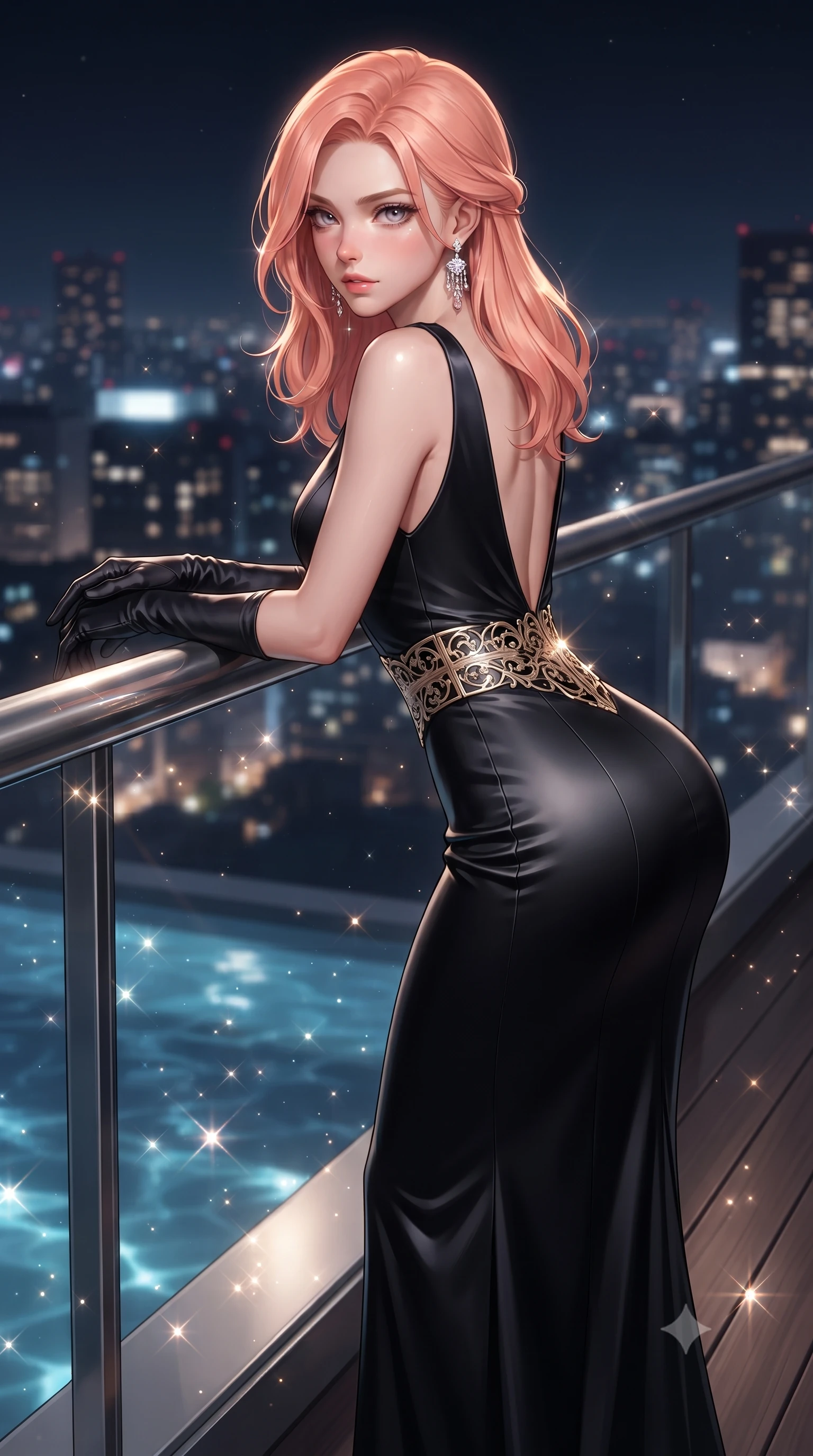score_9, masterpiece, best quality, ultra-detailed, high-budget anime keyframe, editorial fashion photography, tasteful artistic composition, Japanese woman. close-up cowboy shot from the waist and thighs up, the character dominates the composition, filling the frame with her large presence. leaning forward against the polished railing with her hips cocked back, creating an intoxicating curve from her narrow waist to sculpted hips as she gazes back into the lens while leaning against the seamless glass balcony barrier overlooking a 360-degree glittering city skyline, hips cocked back in a seductive S-curve as she looks over her shoulder. The composition keeps background elements in soft focus with creamy bokeh. shimmering pool caustics and city light reflections scattering radiant light motes across the deck. She has an exceptionally elegant, slender, and willowy female figure with an ultra-slim waist, a gracefully sculpted slender torso, toned flat midriff, and rounded feminine hips creating an alluring hourglass silhouette. sharp v-shaped jawline, high-bridge nose, intricate jewel-like eyes with depth, thick eyelashes, glossy parted lips with a natural sheen, intensely captivating and seductive bedroom-eyes expression, flawlessly proportioned anatomical accuracy, strict slender model proportions, natural body alignment, perfectly sculpted long slender limbs, ultra-slim waistline, clean dynamic posture without body distortion. wearing a sleek obsidian column dress with gold filigree hip cincher and plunging backline in champagne ivory and delicate rose gold, tailored from ultra-smooth duchess satin with a pearlescent sheen, complemented by opera-length satin gloves and sparkling chandelier earrings, the form-contouring material adhering flawlessly to her sculpted flat midriff and slender torso, emphasizing her long leg lines and perfectly proportioned willowy build. surrounded by a cosmopolitan, elite, and intensely magnetic modern royalty aura. ultra-reflective glossy finish, specular highlights, rich textural contrasts, high-contrast stereoscopic depth, volumetric dynamic lighting, 2k, ultra detail, master piece, 9:16 ratio
