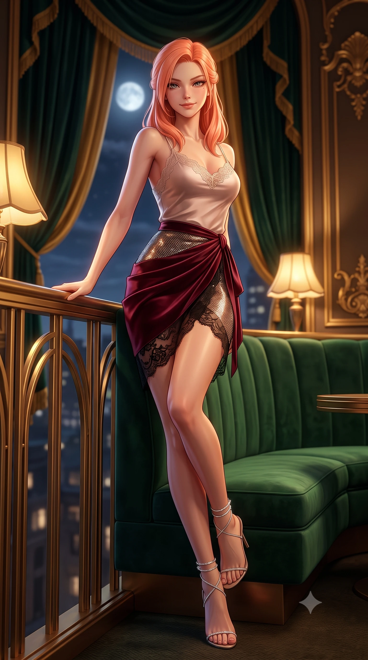 score_9, masterpiece, best quality, ultra-detailed, high-budget anime keyframe, semi-realistic 3D game render, editorial fashion photography, tasteful artistic composition, Japanese woman. low angle full-body shot from head to toe showing her feet, filling the entire 9:16 vertical frame with her statuesque presence, stretching her vertical silhouette. leaning deep against the balcony balustrade with hips cocked back in an unapologetically alluring high-fashion stance, casting an intoxicating glance over the moonlit horizon while lounging across an emerald-green curved velvet banquette with legs crossed, arching her lower back with magnetic femme fatale elegance. The background shows a soft-focus heavy velvet drapery and art deco gilded moldings softened in exclusive private club shallow focus. She has an absolutely perfect, statuesque 8.5-heads proportion, an exceptionally tall and slender model-like female figure with impossibly long slender legs, an ultra-slim waist, a flat toned midriff, narrow delicate ribcage, and beautifully sculpted feminine hips creating a graceful, slim hourglass silhouette without any bulky heaviness. sharp v-shaped jawline, high-bridge nose, sparkling eyes with hypnotic seductive depth, thick curled eyelashes, glossy parted lips with a natural dewy peach sheen, alluring bedroom-eyes with an enchanting coquettish smile, exuding magnetic siren charisma and sophisticated high-fashion glamour, flawlessly proportioned anatomical accuracy, strict slender model proportions, natural body alignment, perfectly sculpted long slender limbs, ultra-slim waistline, clean dynamic posture without body distortion. wearing a delicate lace-trimmed silk camisole paired with a draped satin wrap sarong mini skirt in deep bordeaux velvet and delicate black chantilly, crafted from shimmering fluid chainmail mesh reflecting ambient candlelight, complemented by strappy stiletto sandals with crystal ankle wraps accentuating her slender calves, the second-skin tailored fabric adhering flawlessly to her sculpted flat midriff and slender torso, emphasizing her long leg lines and perfectly proportioned willowy build. bathed in moody amber chiaroscuro lighting spilling softly from vintage shaded table lamps. highly saturated vibrant anime colors, detailed shading with soft gradients, rich glossy textures, high-contrast stereoscopic depth, volumetric dynamic lighting, master piece, 9:16 ratio