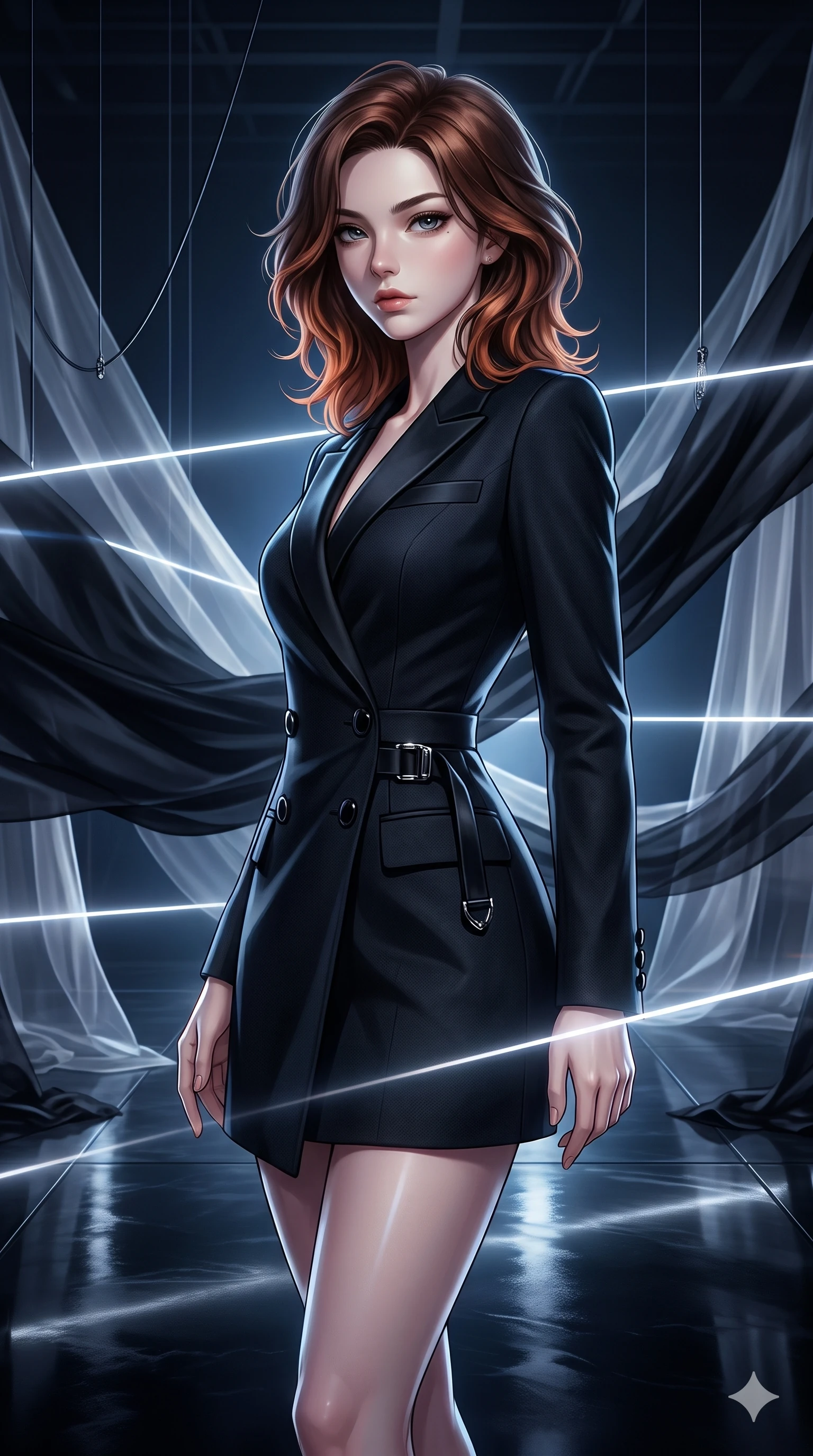 score_9, masterpiece, best quality, ultra-detailed, high-budget anime keyframe, semi-realistic 3D game render, editorial fashion photography, tasteful artistic composition, Korean woman. close-up cowboy shot from the waist and thighs up, the character dominates the composition, filling the frame with her large presence. twisting her slender torso in a deep contrapposto stance, hips dramatically shifted to accentuate her feminine curves while twisting her slender torso in an alluring S-curve between billowing midnight fabric waves, directional razor lights tracing her flat midriff and hips. The surrounding environment is rendered in vivid detail and crisp panoramic clarity: sharp sheer silk weave translucency, hanging monofilament wire lines, and mirror-polished floor clarity in deep focus. She has an exceptionally elegant, slender, and willowy female figure with an ultra-slim waist, flat toned midriff, narrow ribcage, and sculpted feminine hips creating an alluring, slim hourglass silhouette without bulk. sharp v-shaped jawline, high-bridge nose, intricate jewel-like dark sparkling eyes with hypnotic seductive depth, thick curled eyelashes, glossy parted lips with a natural wine sheen, alluring bedroom-eyes with an enigmatic smoldering smile, exuding magnetic sovereign charisma and dark avant-garde glamour, flawlessly proportioned anatomical accuracy, strict slender model proportions, natural body alignment, perfectly sculpted long slender limbs, ultra-slim waistline, clean dynamic posture without body distortion. wearing a tailored onyx black tux dress with silk lapels and fitted waist in liquid mercury chrome and smoky quartz, woven from bespoke high-density barathea wool with refined ceremonial hold, adorned with minimalist black onyx hardware framing the silhouette, the bespoke structured tailoring following the natural line of her 8.5-heads silhouette with refined elegance. bathed in razor-thin horizontal white laser sheets slicing through billowing black silk. highly saturated vibrant anime colors, detailed shading with soft gradients, rich glossy textures, high-contrast stereoscopic depth, volumetric dynamic lighting, master piece, 9:16 ratio