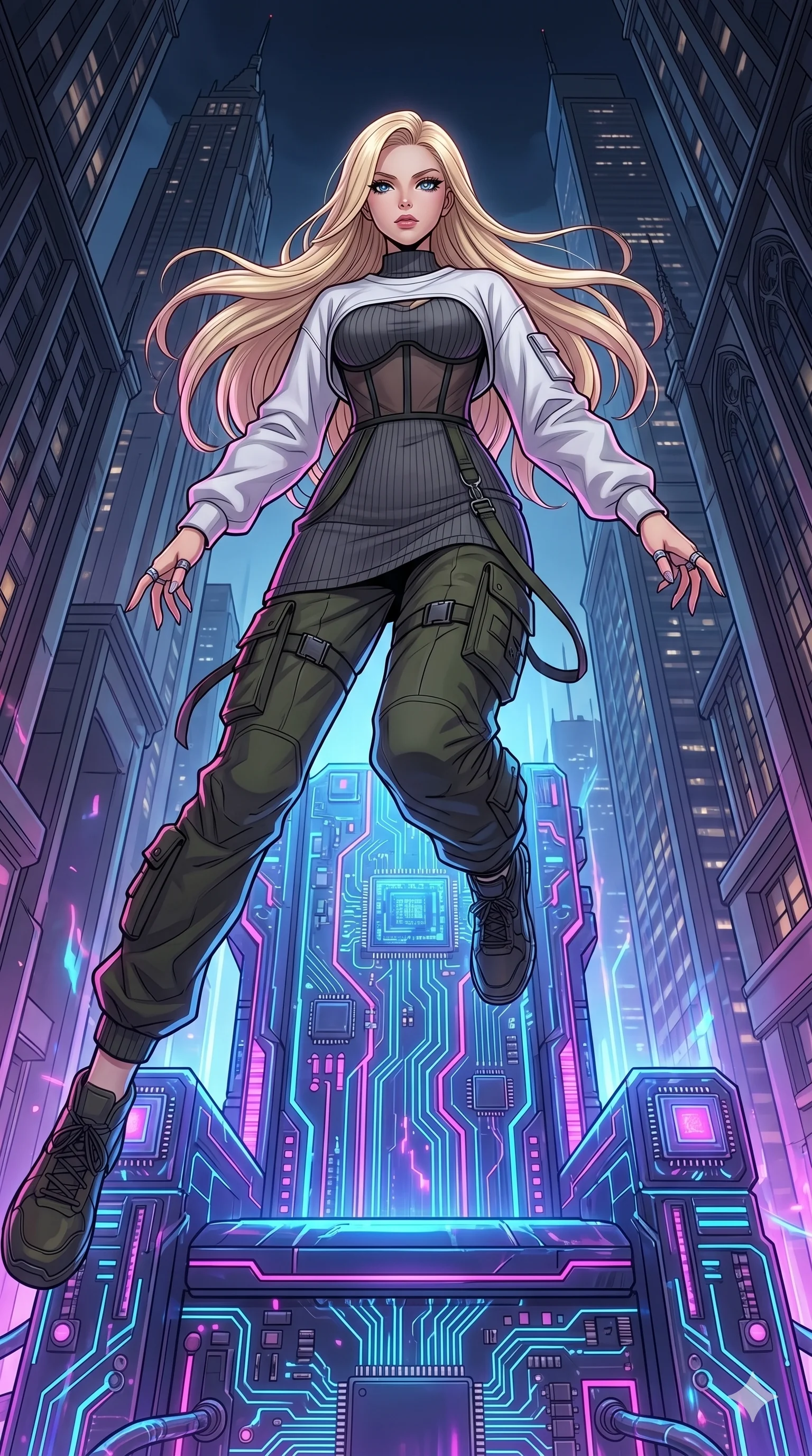 score_9, masterpiece, best quality, ultra-detailed, high-budget anime movie keyframe, cinematic anime lighting, intricate line art, Caucasian (strictly human ears) woman. Dynamic full-body shot stretching the vertical silhouette with extreme perspective. leaping over a giant logic-board throne as it pulses with power. She has an absolutely perfect 8-heads proportion, an exceptionally tall and slender female figure with an ultra-slim waist and impossibly long slender legs. strictly human anatomy, two legs only, no extra limbs, clearly defined legs and arms, perfect anatomy, perfect hands and fingers. sharp v-shaped jawline, high-bridge nose, intricate jewel-like eyes, thick eyelashes, glossy lips. Wearing Urban Trendsetter: Ribbed bodycon dress, crop top with high-waist denim, and sheer corset with cargo pants. The scene is illuminated by dramatic atmospheric lighting and vibrant color palettes. , 2k, ultra detail, master piece, 9:16 ratio