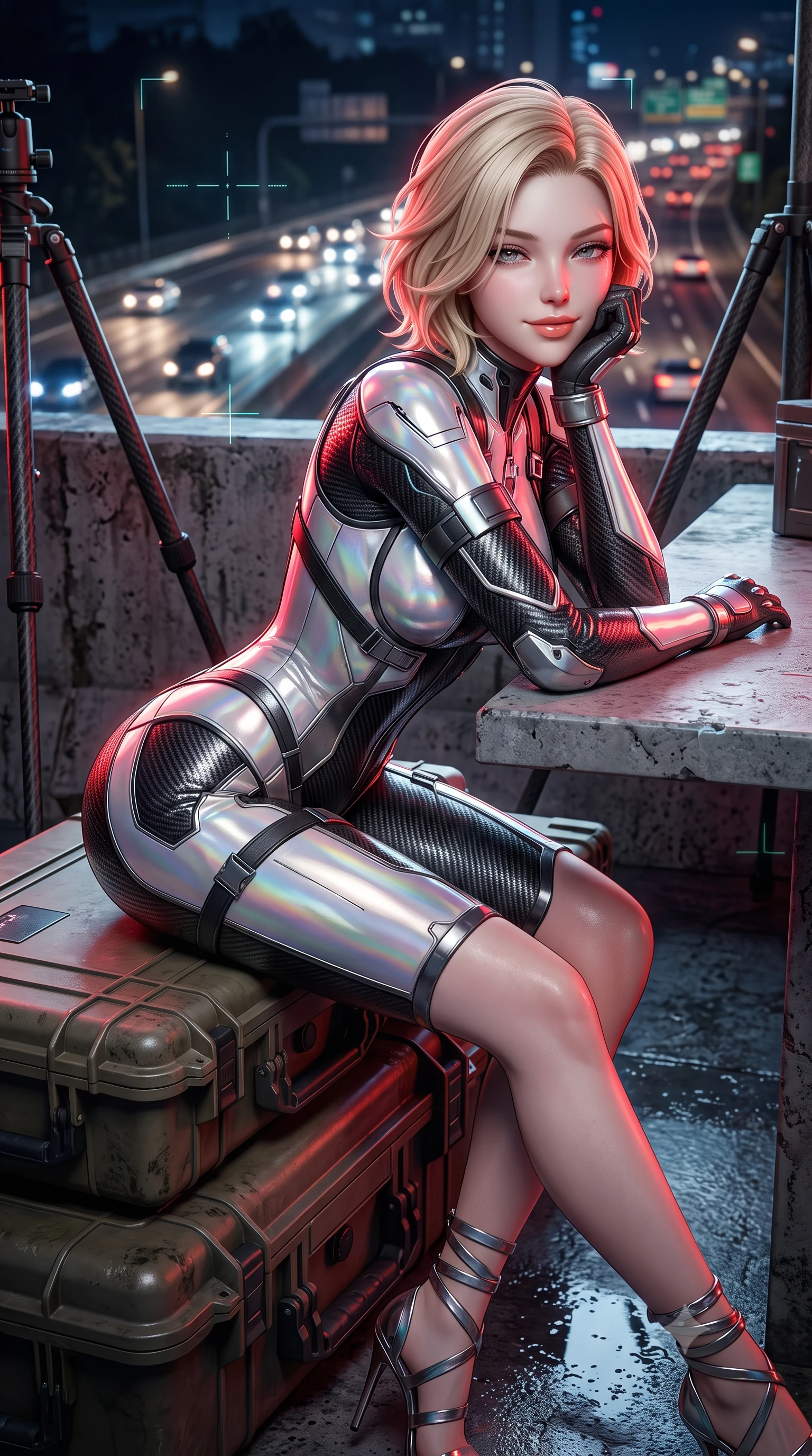 score_9, masterpiece, best quality, ultra-detailed, high-budget anime keyframe, semi-realistic 3D game render, editorial fashion photography, tasteful artistic composition, Caucasian woman. close-up cowboy shot from the waist and thighs up, the character dominates the composition, filling the frame with her large presence. resting one elbow on the table and supporting her chin, leaning close to the camera with heavy-lidded sparkling eyes and parted lips while lounging gracefully across the tactical sniper case propped on one elbow with legs extended, displaying her long slender limbs and statuesque hourglass silhouette against the highway lights. The surrounding environment is rendered in vivid detail and crisp panoramic clarity: sharp weathered concrete textures, tactical tripod carbon-weave legs, and crisp holographic HUD crosshairs in deep focus. She has an exceptionally elegant, slender, and willowy female figure with an ultra-slim waist, flat toned midriff, narrow ribcage, and sculpted feminine hips creating an alluring, slim hourglass silhouette without bulk. sharp v-shaped jawline, high-bridge nose, intricate jewel-like sparkling eyes with depth, thick eyelashes, glossy parted lips with a natural peach sheen, bright cheerful beaming smile with an enchanting and coquettish sensual glint, exuding both youthful cute charm and seductive allure, flawlessly proportioned anatomical accuracy, strict slender model proportions, natural body alignment, perfectly sculpted long slender limbs, ultra-slim waistline, clean dynamic posture without body distortion. wearing a sleek second-skin cyber-pilot bodysuit with high-gloss patent leather panels accentuating her ultra-slim waistline in iridescent mother-of-pearl and liquid molten silver, woven from structured carbon-fiber jacquard with rich textural depth, complemented by strappy stiletto sandals with metallic ankle wraps accentuating her slender calves, the impeccably tailored cut draping gracefully along her slender figure with aristocratic poise. illuminated by wet concrete reflection bounce and sharp ruby-white rim lights sculpting her jawline, narrow waist, and curvy hips. highly saturated vibrant anime colors, detailed shading with soft gradients, rich glossy textures, high-contrast stereoscopic depth, volumetric dynamic lighting, master piece, 9:16 ratio
