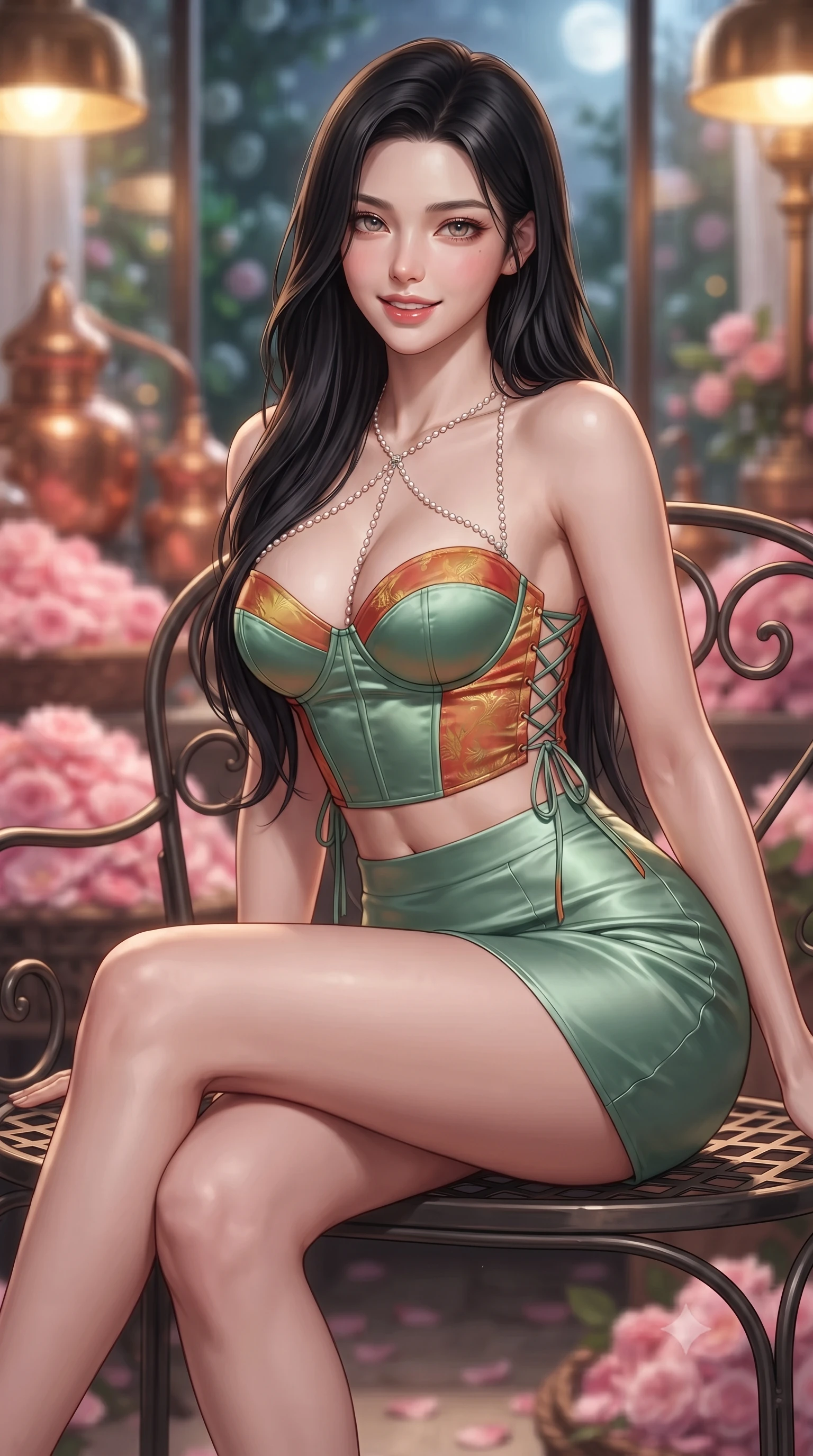 score_9, masterpiece, best quality, ultra-detailed, high-budget anime keyframe, editorial fashion photography, tasteful artistic composition, Korean woman. close-up cowboy shot from the waist and thighs up, the character dominates the composition, filling the frame with her large presence. leaning forward while arching her lower back to accentuate her curvy hips, looking into the camera with an intoxicating smoldering gaze and bedroom-eyes while sitting gracefully on the wrought-iron garden settee with legs crossed, flashing a radiant, playful smile with parted glossy lips. The background shows a soft-focus mounds of fresh pink centifolia rose petals, polished antique copper perfumery stills, and moonlit olive groves through glass blurred into blush pink, copper, and emerald bokeh. She has an exceptionally elegant, slender, and willowy female figure with an ultra-slim waist, flat toned midriff, narrow ribcage, and sculpted feminine hips creating an alluring, slim hourglass silhouette without bulk. sharp v-shaped jawline, high-bridge nose, intricate jewel-like sparkling eyes with depth, thick eyelashes, glossy parted lips with a natural peach sheen, bright cheerful beaming smile with an enchanting and coquettish sensual glint, exuding both youthful cute charm and seductive allure, flawlessly proportioned anatomical accuracy, strict slender model proportions, natural body alignment, perfectly sculpted long slender limbs, ultra-slim waistline, clean dynamic posture without body distortion. wearing a sculpted satin underwire crop bustier with lace-up side ties paired with a micro skirt in Tanjong Pagar Peranakan jade green and gilded vermilion, crafted from fluid liquid silk satin that clings smoothly to her narrow waist and rounded hips with a dewy sheen, accented with a pearl-drop body harness subtly framing her dewy collarbones and spine, the second-skin tailored fabric adhering flawlessly to her sculpted flat midriff and slender torso, emphasizing her long leg lines and perfectly proportioned willowy build. bathed in the warm golden 2500K glow of antique brass factory lamps mixed with silver moonlight through glass. ultra-reflective glossy finish, specular highlights, rich textural contrasts, high-contrast stereoscopic depth, volumetric dynamic lighting, 2k, ultra detail, master piece, 9:16 ratio