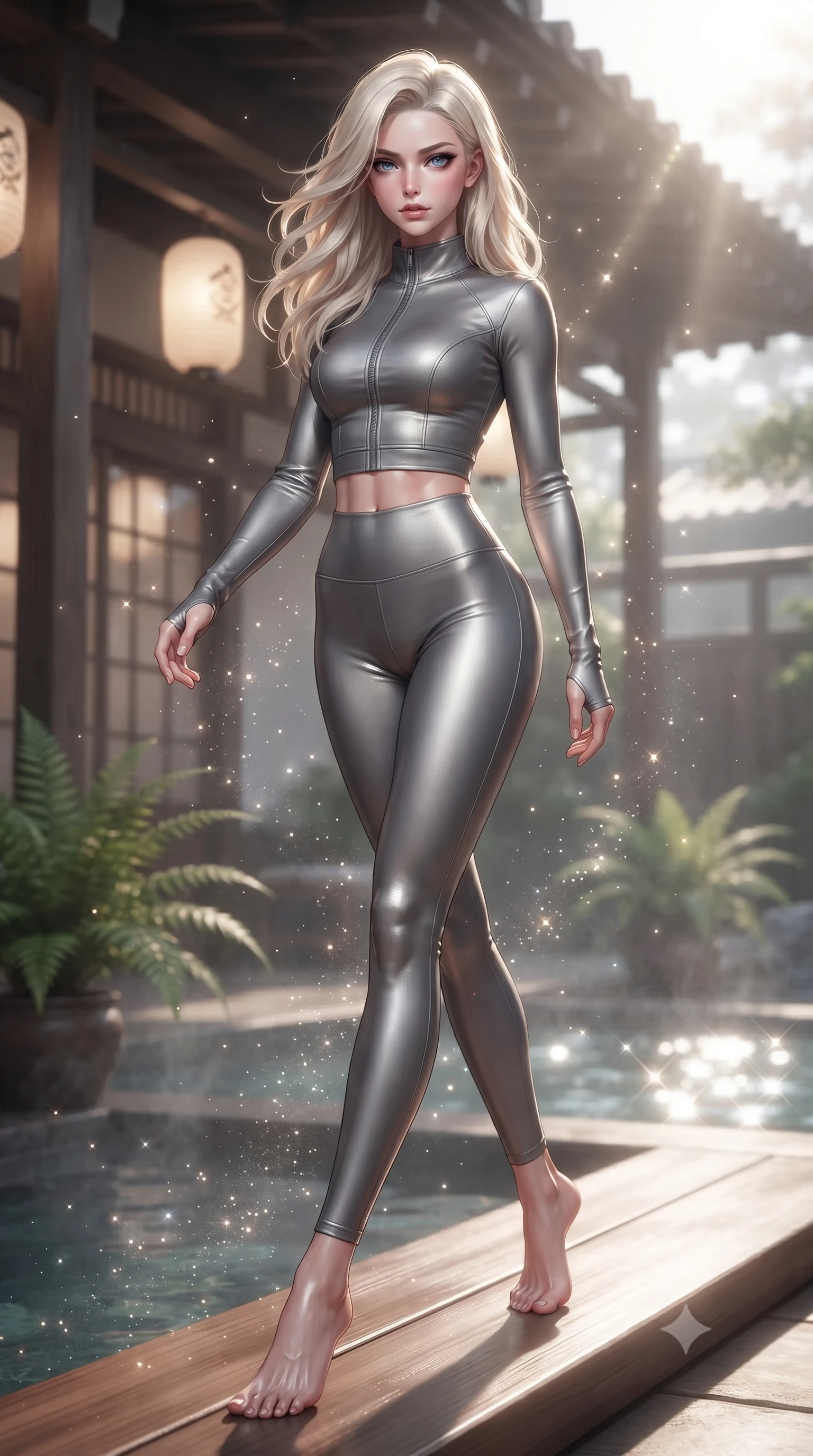 score_9, masterpiece, best quality, ultra-detailed, high-budget anime keyframe, editorial fashion photography, tasteful artistic composition, Caucasian woman. low angle full-body shot from head to toe showing her feet, filling the entire 9:16 vertical frame with her statuesque presence, stretching her vertical silhouette. stepping gracefully through floating stardust particles, her body-contouring suit showing her athletic, slender silhouette, the background shows a soft-focus a bath house veranda decorated with potted ferns and paper lanterns. She has an absolutely perfect, statuesque 8.5-heads proportion, an exceptionally tall and slender model-like female figure with impossibly long slender legs and an ultra-slim waist. sharp v-shaped jawline, high-bridge nose, intricate jewel-like eyes with depth, thick eyelashes, glossy lips with a natural sheen. wearing a tailored body-hugging high-neck activewear set of a zipped long-sleeve crop top and matching leggings in carbon-grey. bright morning sun rays creating sparkling glints on the hot pool water. ultra-reflective glossy finish, specular highlights, metallic sheen, high-contrast stereoscopic depth, volumetric dynamic lighting, 2k, ultra detail, master piece, 9:16 ratio