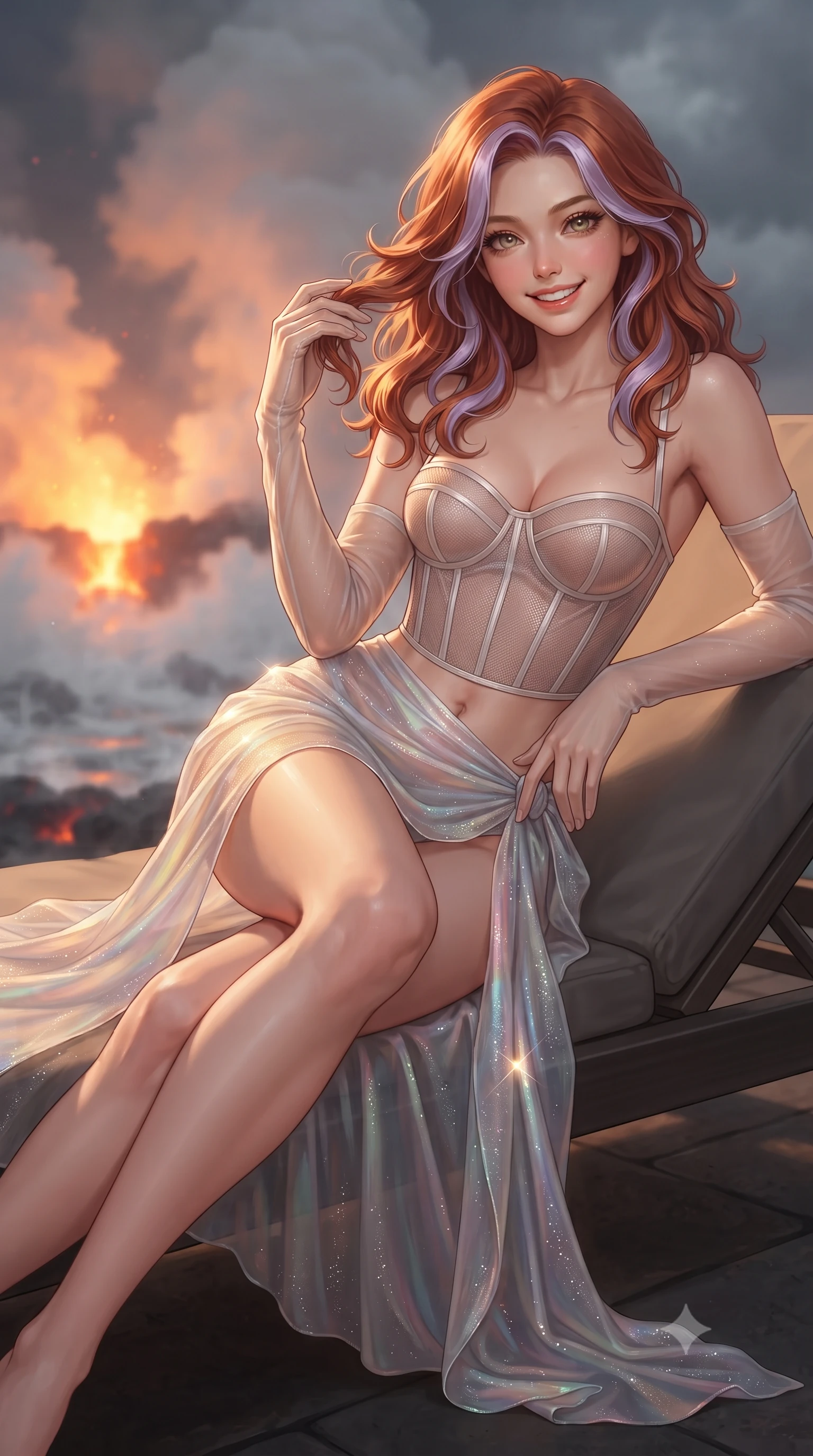 score_9, masterpiece, best quality, ultra-detailed, high-budget anime keyframe, editorial fashion photography, tasteful artistic composition, Caucasian woman. close-up cowboy shot from the waist and thighs up, the character dominates the composition, filling the frame with her large presence. twisting her slender torso in an alluring contrapposto stance, one hand resting on her sculpted hip while her fingers toy with her hair with effortless poise while reclining gracefully on the outdoor heated basalt lounge with legs extended, displaying her long slender limbs and statuesque hourglass silhouette against the tempestuous sea. The background shows a soft-focus sulfur-scented volcanic mist softened in offshore geothermal fortress shallow focus. She has an exceptionally elegant, slender, and willowy female figure with an ultra-slim waist, flat toned midriff, narrow ribcage, and sculpted feminine hips creating an alluring, slim hourglass silhouette without bulk. sharp v-shaped jawline, high-bridge nose, intricate jewel-like sparkling eyes with depth, thick eyelashes, glossy parted lips with a natural peach sheen, bright cheerful beaming smile with an enchanting and coquettish sensual glint, exuding both youthful cute charm and seductive allure, flawlessly proportioned anatomical accuracy, strict slender model proportions, natural body alignment, perfectly sculpted long slender limbs, ultra-slim waistline, clean dynamic posture without body distortion. wearing a provocative translucent mesh corset bodice with boned satin channels paired with a sheer chiffon wrap maxi skirt in iridescent mother-of-pearl and liquid molten silver, woven from stretch metallic lurex jersey casting radiant starlight glints across her curves, complemented by sheer opera-length evening gloves tracing her slender arms, the second-skin tailored fabric adhering flawlessly to her sculpted flat midriff and slender torso, emphasizing her long leg lines and perfectly proportioned willowy build. bathed in the intense warm 1800K radiant glow of incandescent magma contrasted with cold stormy sea spray. ultra-reflective glossy finish, specular highlights, rich textural contrasts, high-contrast stereoscopic depth, volumetric dynamic lighting, 2k, ultra detail, master piece, 9:16 ratio