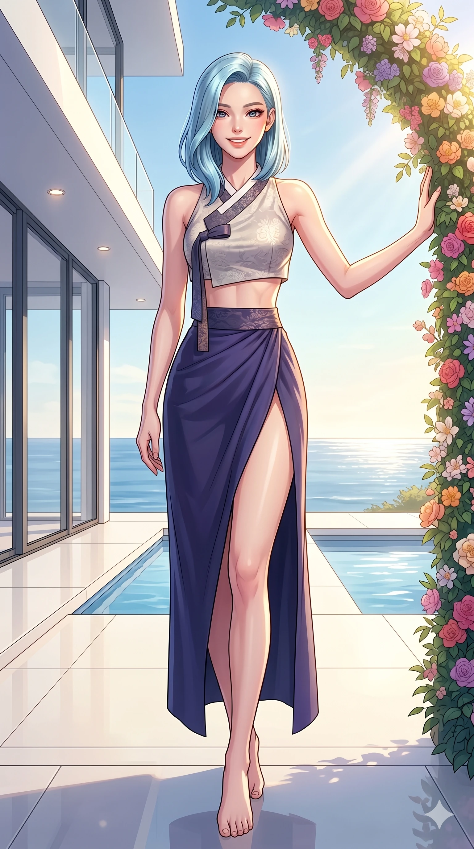 score_9, masterpiece, best quality, ultra-detailed, high-budget anime keyframe, vibrant anime aesthetic, Korean woman. low angle full-body shot from head to toe showing her feet, filling the entire 9:16 vertical frame with her statuesque presence, stretching her vertical silhouette. She is posing with a radiant, confident smile, resting one hand on a flower arch inside a modern minimalist villa patio facing the ocean (Code-P20-048). She has an absolutely perfect 8-heads proportion, an exceptionally tall and slender female figure with impossibly long slender legs and an ultra-slim waist. V-shaped jawline, high-bridge nose, intricate jewel-like eyes with depth, thick eyelashes, glossy lips with a natural sheen. wearing a modern fusion top with an exposed waist and a high-slit wrap skirt. She is bathed in a luminous, warm sunshine highlighting her sleek silhouette and features. 2k, ultra detail, master piece, 9:16 ratio