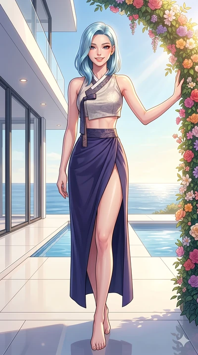 score_9, masterpiece, best quality, ultra-detailed, high-budget anime keyframe, vibrant anime aesthetic, Korean woman. low angle full-body shot from head to toe showing her feet, filling the entire 9:16 vertical frame with her statuesque presence, st