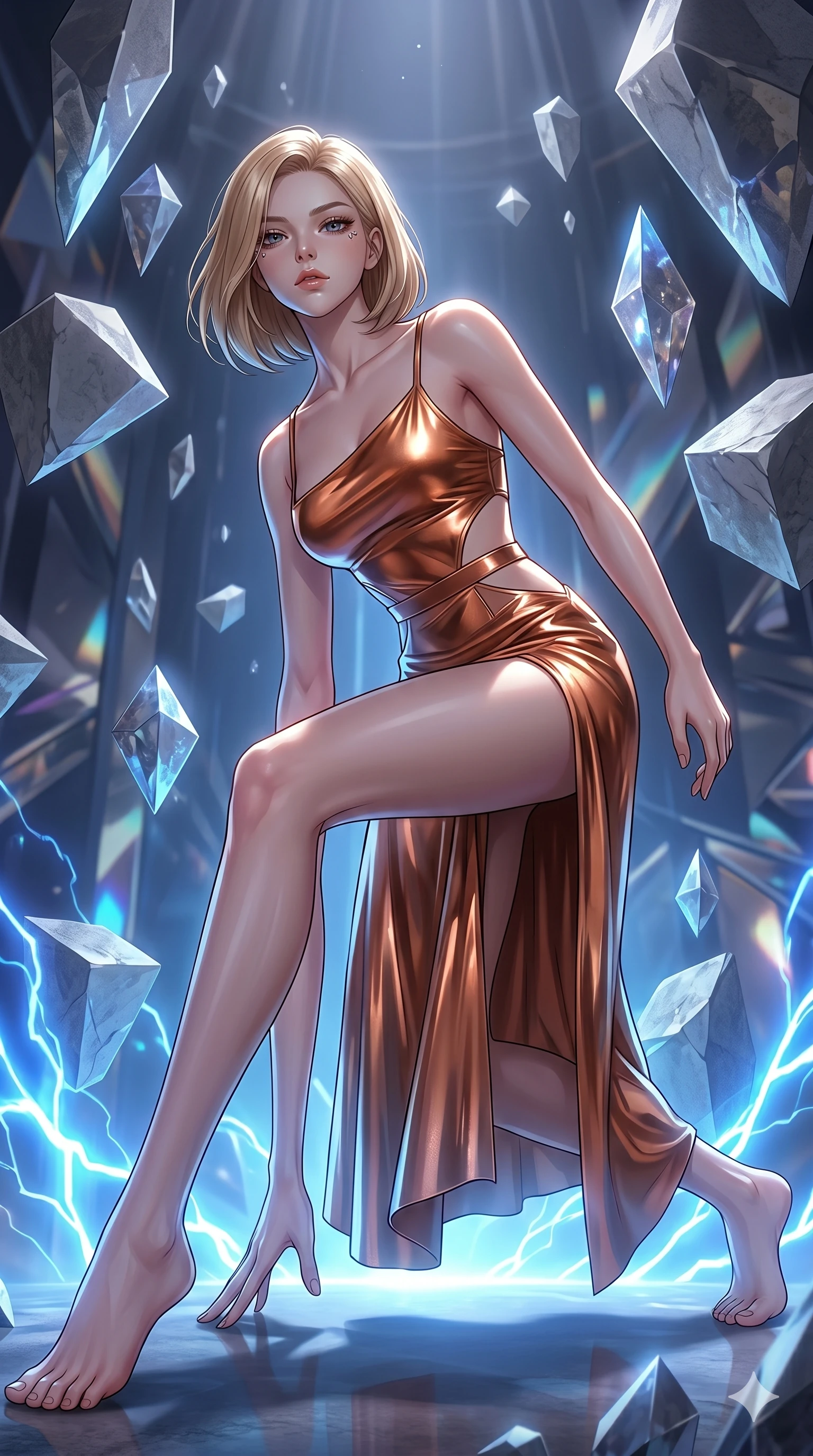 score_9, masterpiece, best quality, ultra-detailed, high-budget anime keyframe, editorial fashion photography, tasteful artistic composition, Korean woman. low angle full-body shot from head to toe showing her feet, filling the entire 9:16 vertical frame with her statuesque presence, stretching her vertical silhouette. Lunging to the side with one hand touching the ground, her posture athletic and low within a crystal sanctuary where geometric stone shapes float above the ground, as delicate light reflections play along the metallic surfaces. She has an absolutely perfect 8-heads proportion, an exceptionally tall and slender female figure with impossibly long slender legs and an ultra-slim waist. V-shaped jawline, high-bridge nose, intricate jewel-like eyes with depth, thick eyelashes, glossy lips with a natural sheen. wearing an asymmetric metallic copper slip dress with geometric waist cutouts and a fluid high-slit skirt. highlighted by pulsing electric blue plasma arc lighting from below, casting dramatic upward shadows. 2k, ultra detail, master piece, 9:16 ratio