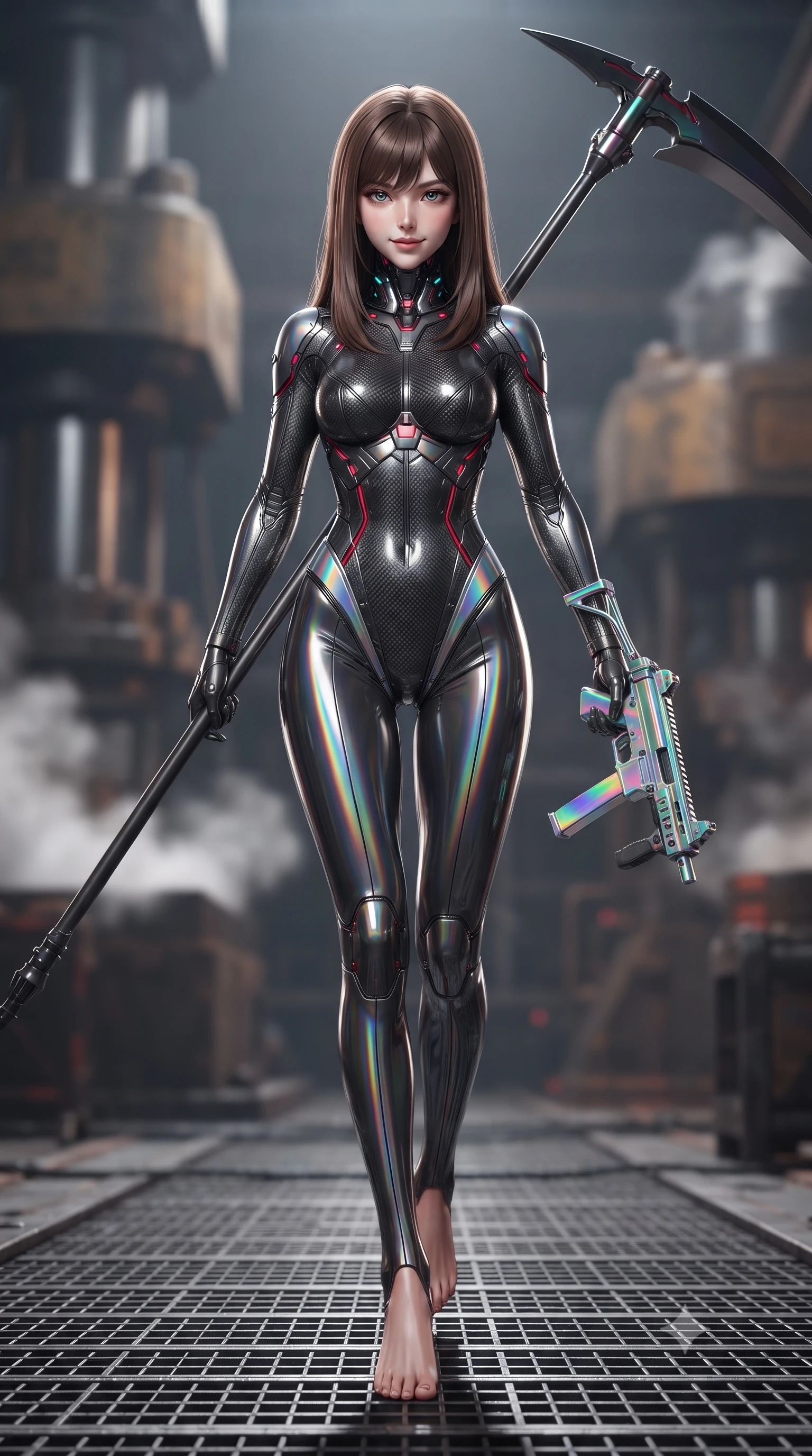 score_9, masterpiece, best quality, ultra-detailed, high-budget anime keyframe, editorial fashion photography, tasteful artistic composition, Korean woman. low angle full-body shot from head to toe showing her feet, filling the entire 9:16 vertical frame with her statuesque presence, stretching her vertical silhouette. performing an alluring mid-air combat landing with flawless poise, looking directly into the camera with regal, deadly intensity while resting the long scythe haft against her shoulder with an alluring, dangerous smile looking directly into the camera. The composition keeps background elements in soft focus with creamy bokeh. massive industrial forge hydraulic presses and steam vents softened in atmospheric shallow focus. She has an absolutely perfect, statuesque 8.5-heads proportion, an exceptionally tall and slender model-like female figure with impossibly long slender legs, a toned flat midriff, and an ultra-slim waist. sharp v-shaped jawline, high-bridge nose, intricate jewel-like eyes with depth, thick eyelashes, glossy lips with a natural sheen, flawlessly proportioned anatomical accuracy, strict slender model proportions, natural body alignment, perfectly sculpted long slender limbs, ultra-slim waistline, clean dynamic posture without body distortion. wearing a second-skin dark gunmetal carbon-weave battle-suit with crimson laser conduits, brandishing a sleek high-tech composite submachine weapon with effortless allure in high-gloss iridescent rainbow carbon with prism holographic sheen, formed from high-gloss patent carbon-plating with specular chiaroscuro reflections, featuring a sleek aerodynamic collar framed by subtle glowing cybernetic status LEDs, the liquid-tight tailored fabric emphasizing every curve of her tall, slender model proportions and sculptured silhouette during dynamic movement. illuminated by crisp specular highlights tracing her ultra-slim waist, long legs, and flat midriff. ultra-reflective glossy finish, specular highlights, dark metallic sheen, high-contrast stereoscopic depth, volumetric dynamic lighting, 2k, ultra detail, master piece, 9:16 ratio