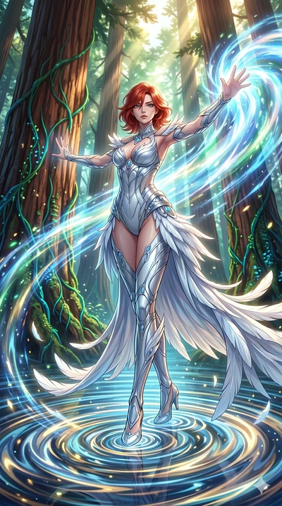 score_9, masterpiece, best quality, ultra-detailed, Set A: High-budget Anime Keyframe, Caucasian (human ears) woman. Low angle cowboy shot filling the entire 9:16 frame with her statuesque presence. Theme: Primal Nature. unleashing a massive energy w