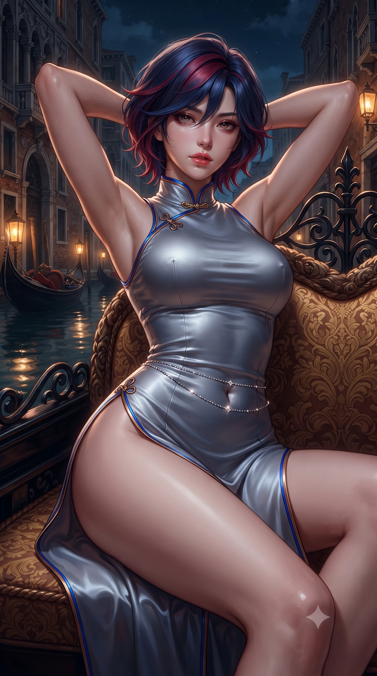 score_9, masterpiece, best quality, ultra-detailed, high-budget anime keyframe, editorial fashion photography, tasteful artistic composition, Korean woman. close-up cowboy shot from the waist and thighs up, the character dominates the composition, filling the frame with her large presence. leaning back with relaxed seductive grace, her sculpted collarbones and narrow waist highlighted as she casts smoldering bedroom-eyes directly into the camera while stretching languidly on the gondola daybed with hands raised behind her head, parted glossy lips reflecting flickering lantern glow. The surrounding environment is rendered in vivid detail and crisp panoramic clarity. rich high-contrast Venetian nocturnal chiaroscuro and decadent masquerade romance aesthetics in precision. She has an exceptionally elegant, slender, and willowy female figure with an ultra-slim waist, flat toned midriff, narrow ribcage, and sculpted feminine hips creating an alluring, slim hourglass silhouette without bulk. sharp v-shaped jawline, high-bridge nose, intricate jewel-like eyes with depth, thick eyelashes, glossy parted lips with a natural sheen, intensely captivating and seductive bedroom-eyes expression, flawlessly proportioned anatomical accuracy, strict slender model proportions, natural body alignment, perfectly sculpted long slender limbs, ultra-slim waistline, clean dynamic posture without body distortion. wearing a modernized cyber-qipao mini dress with an ultra-high side slit ascending to the hip and glowing piping in royal sapphire blue and liquid bronze, tailored from smooth liquid silk satin adhering seamlessly to her skin, accented with a dainty diamond waist chain catching the ambient light reflections, the second-skin form-contouring cut accentuating her sculpted flat midriff, narrow delicate ribcage, and gracefully curvy hips with supermodel precision. illuminated by crisp specular highlights defining her slender neckline, ultra-slim waist, and curvy hips. ultra-reflective glossy finish, specular highlights, rich textural contrasts, high-contrast stereoscopic depth, volumetric dynamic lighting, 2k, ultra detail, master piece, 9:16 ratio