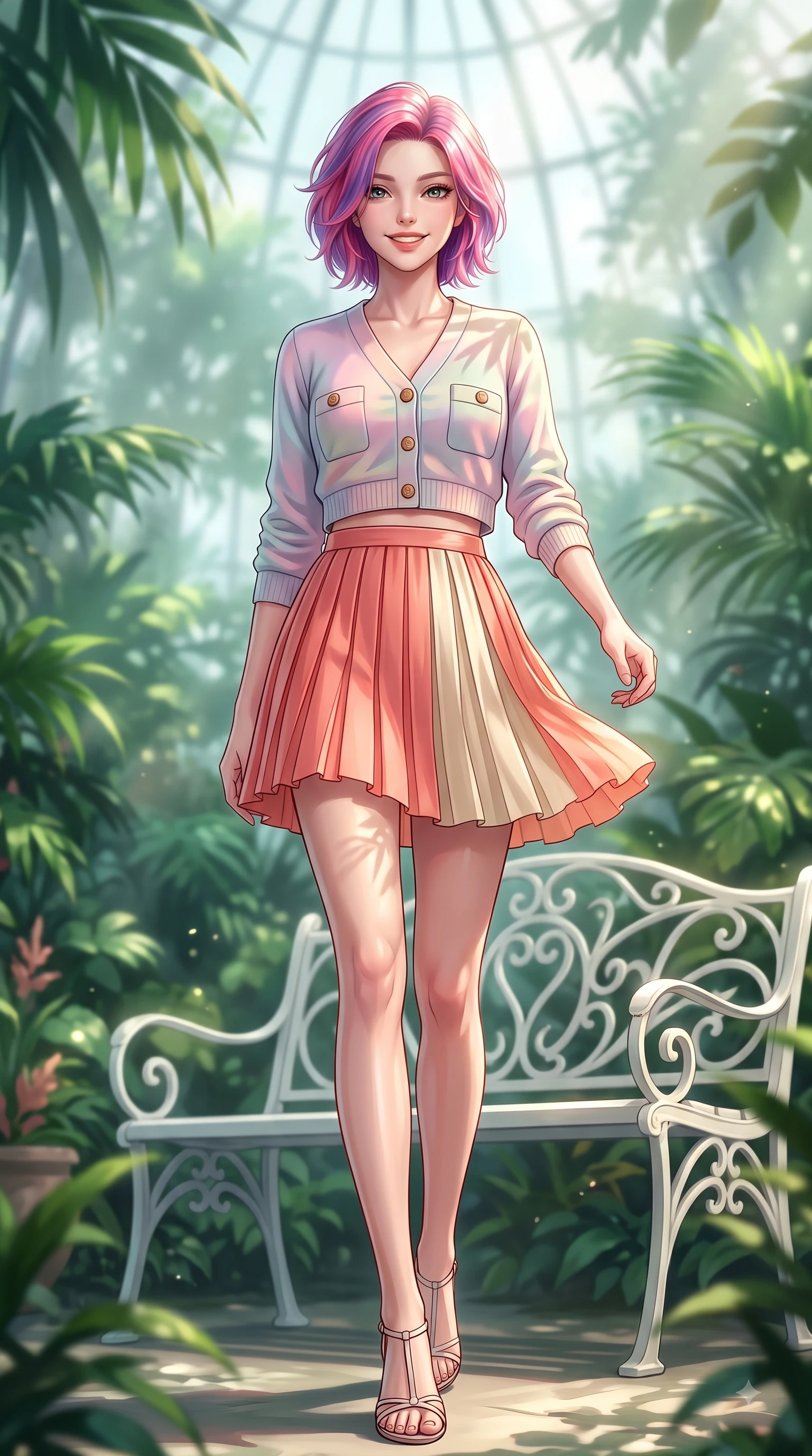 score_9, masterpiece, best quality, ultra-detailed, high-budget anime keyframe, editorial fashion photography, tasteful artistic composition, Caucasian woman. low angle full-body shot from head to toe showing her feet, filling the entire 9:16 vertical frame with her statuesque presence, stretching her vertical silhouette. walking forward in a proud dynamic stride with a cheerful beaming smile, her vertical silhouette filling the frame while sitting on a classic white iron bench in a sun-drenched glasshouse surrounded by emerald greenery. The composition keeps background elements in soft focus with dreamy bokeh. lush tropical foliage and misty glass dome panes blurred into a dreamy emerald background bokeh. She has an absolutely perfect, statuesque 8.5-heads proportion, an exceptionally tall and slender model-like female figure with impossibly long slender legs and an ultra-slim waist. sharp v-shaped jawline, high-bridge nose, intricate jewel-like eyes with depth, thick eyelashes, glossy lips with a natural sheen, flawlessly proportioned anatomical accuracy, natural body alignment, perfectly sculpted elegant limbs, clean dynamic posture without body distortion. wearing a chic cropped pastel cardigan with a high-waisted pleated tennis skirt in warm coral pink and champagne ivory, made of fine lightweight chiffon that flutters gently in the breeze, finished with neat front wooden buttons and pocket details, the breezy lightweight fabric fluttering softly against her delicate frame. illuminated by fresh botanical sunbeams casting delicate leaf patterns. highly saturated vibrant anime colors, detailed shading with soft gradients, rich glossy textures, high-contrast stereoscopic depth, volumetric dynamic lighting, master piece, 9:16 ratio