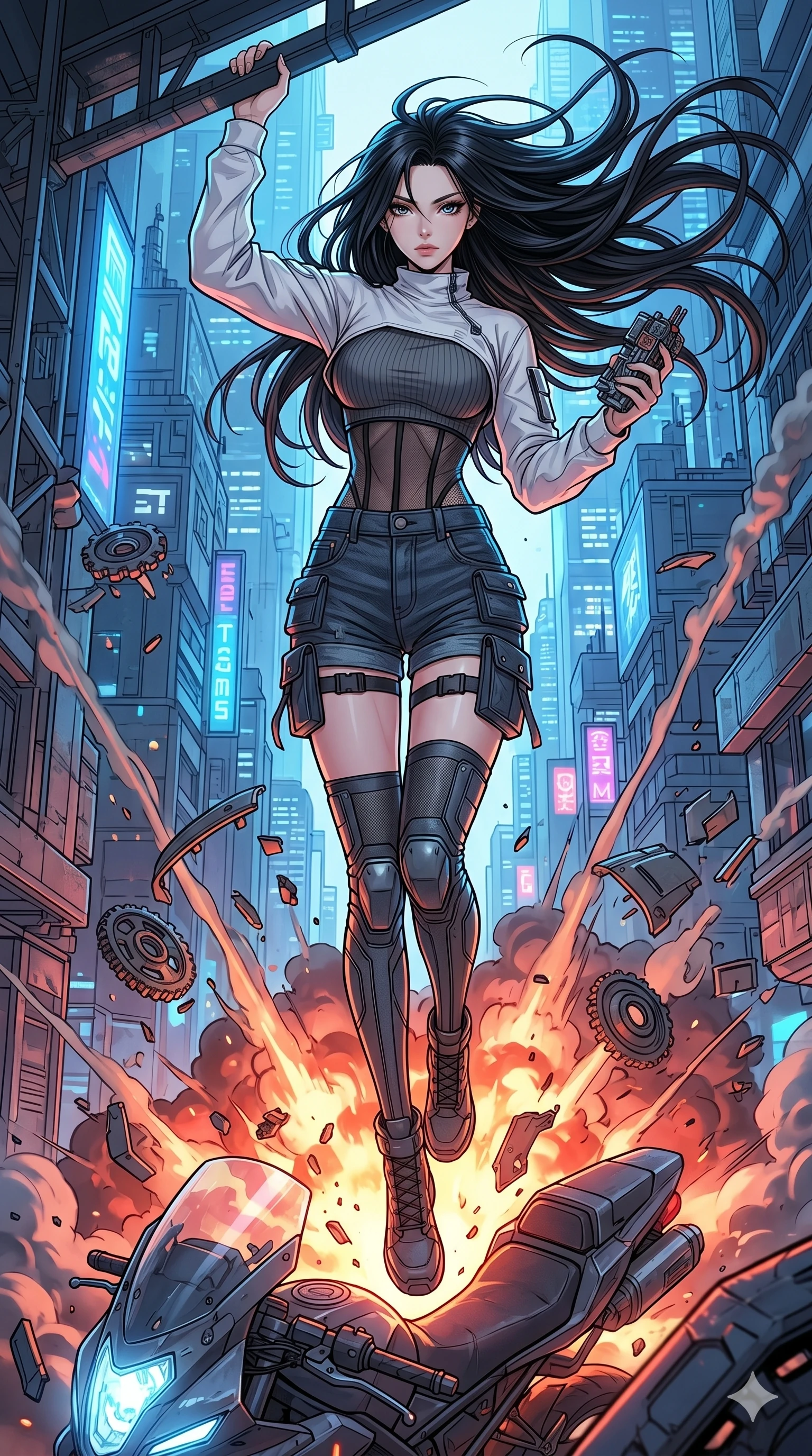 score_9, masterpiece, best quality, ultra-detailed, high-budget anime movie keyframe, cinematic anime lighting, intricate line art, Japanese anime girl. Dynamic full-body shot stretching the vertical silhouette with extreme perspective. launching herself into the air from a exploding hover-bike. She has an absolutely perfect 8-heads proportion, an exceptionally tall and slender female figure with an ultra-slim waist and impossibly long slender legs. strictly human anatomy, two legs only, no extra limbs, clearly defined legs and arms, perfect anatomy, perfect hands and fingers. sharp v-shaped jawline, high-bridge nose, intricate jewel-like eyes, thick eyelashes, glossy lips. Wearing Urban Trendsetter: Ribbed bodycon dress, crop top with high-waist denim, and sheer corset with cargo pants. The scene is illuminated by dramatic atmospheric lighting and vibrant color palettes. , 2k, ultra detail, master piece, 9:16 ratio