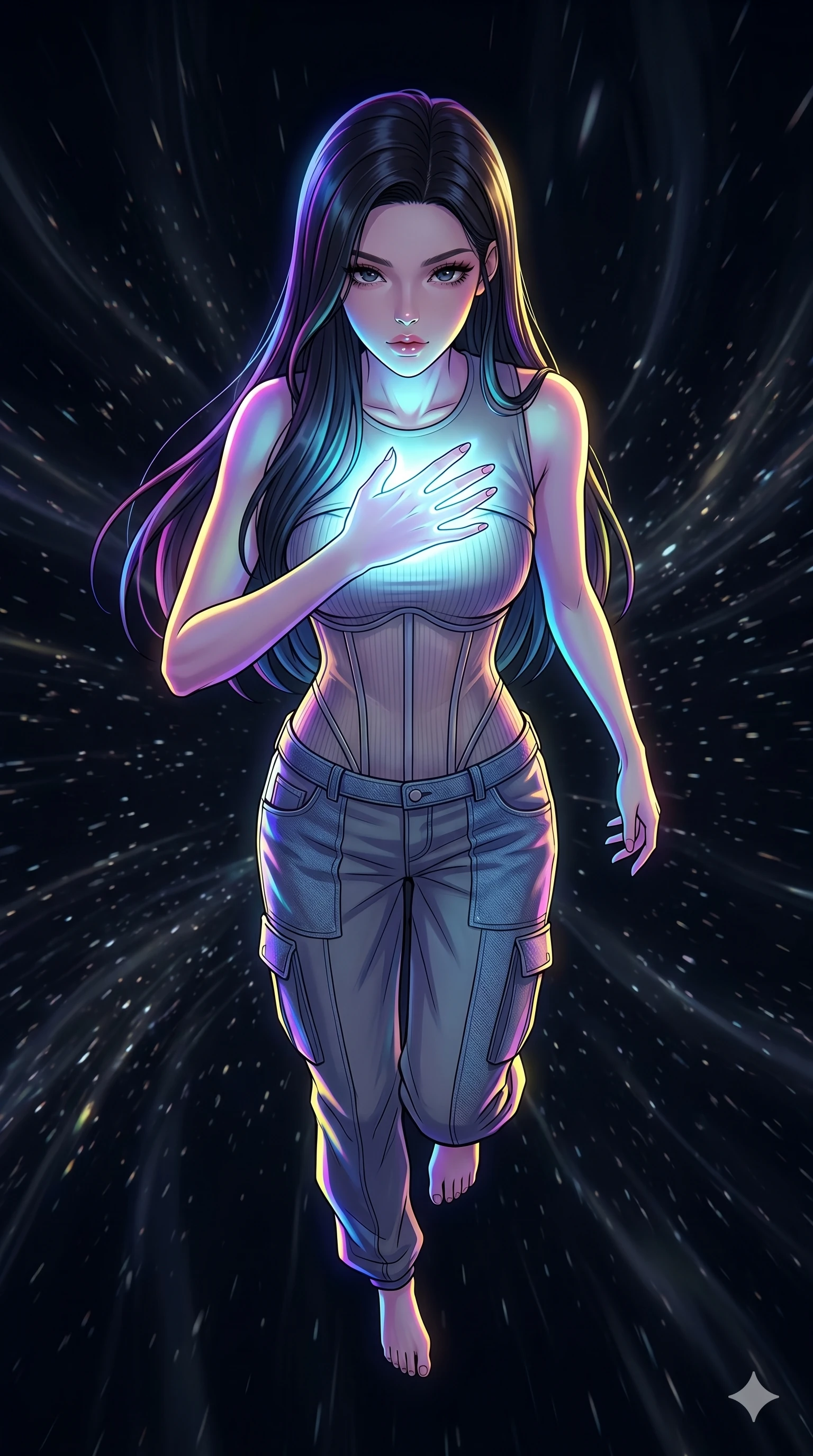 score_9, masterpiece, best quality, ultra-detailed, high-budget anime movie keyframe, cinematic anime lighting, intricate line art, Japanese anime girl. Extreme high angle shot as she leaps towards the camera, filling the frame. shielding her heart with a glowing hand in a dark void. She has an absolutely perfect 8-heads proportion, an exceptionally tall and slender female figure with an ultra-slim waist and impossibly long slender legs. strictly human anatomy, two legs only, no extra limbs, clearly defined legs and arms, perfect anatomy, perfect hands and fingers. sharp v-shaped jawline, high-bridge nose, intricate jewel-like eyes, thick eyelashes, glossy lips. Wearing Urban Trendsetter: Ribbed bodycon dress, crop top with high-waist denim, and sheer corset with cargo pants. The scene is illuminated by dramatic atmospheric lighting and vibrant color palettes. , 2k, ultra detail, master piece, 9:16 ratio