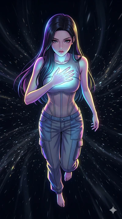 score_9, masterpiece, best quality, ultra-detailed, high-budget anime movie keyframe, cinematic anime lighting, intricate line art, Japanese anime girl. Extreme high angle shot as she leaps towards the camera, filling the frame. shielding her heart w