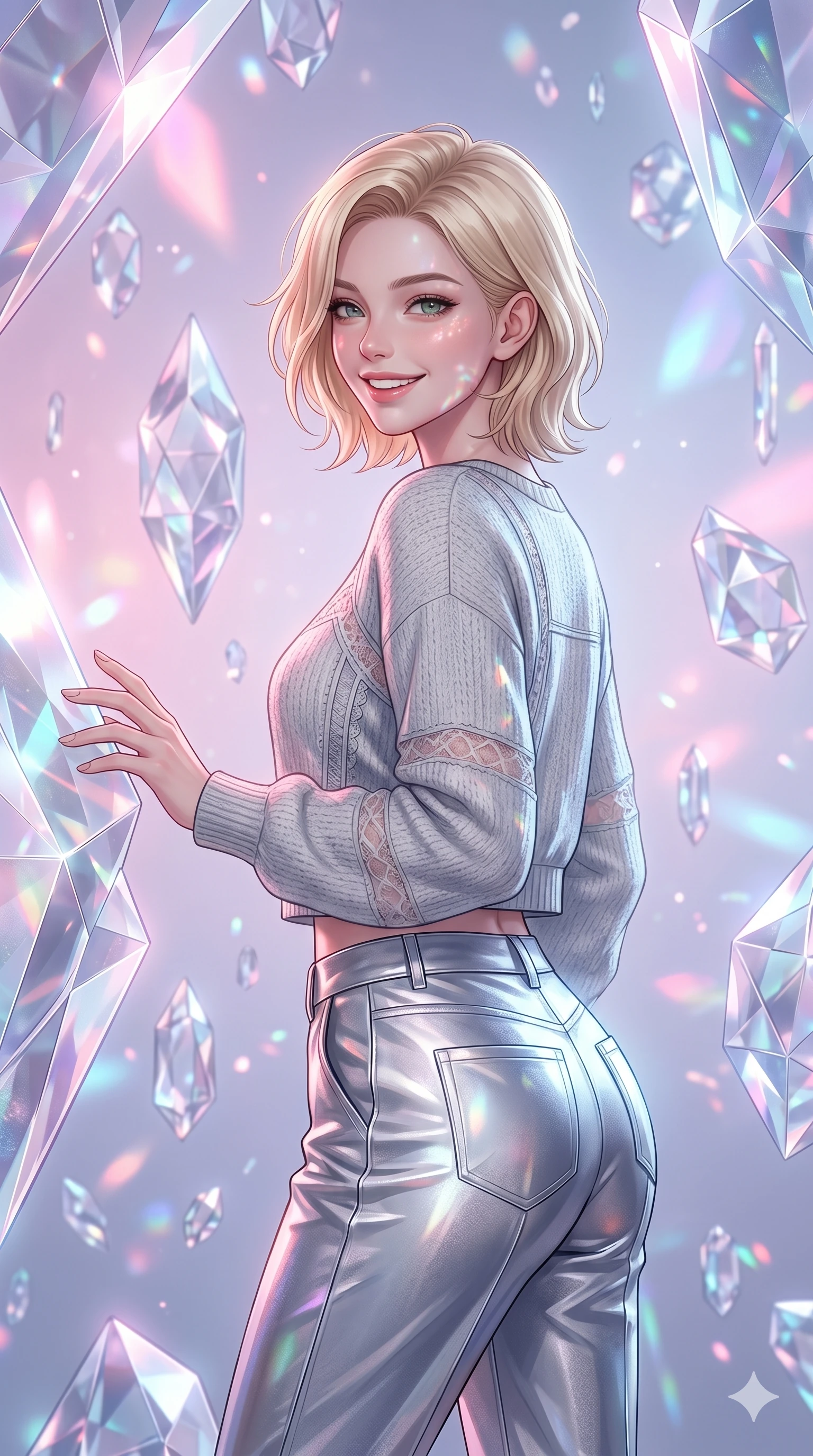 score_9, masterpiece, best quality, ultra-detailed, high-budget anime keyframe, editorial fashion photography, tasteful artistic composition, Caucasian woman, strictly human ears. Upper body close-up from the thighs up, character filling the screen for maximum presence. Inside a digital void, surrounded by floating crystal crystals, touching a crystal, looking back with a happy, relaxed expression. She is wearing a casual cropped sweater with delicate panels and structured silver trousers. The scene is bathed in soft pink and blue ambient lights refracting through the crystals. 2k, ultra detail, master piece, 9:16 ratio