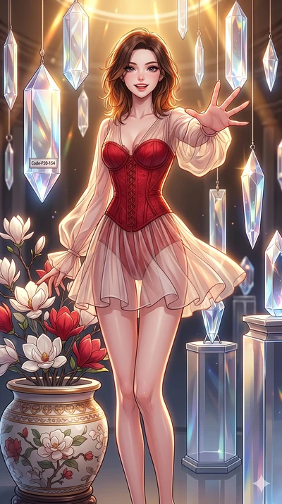 score_9, masterpiece, best quality, ultra-detailed, high-budget anime keyframe, vibrant anime aesthetic, Korean woman. cowboy shot from the thighs up, character and outfit filling the frame for maximum presence. She is standing by a flower pot, smili