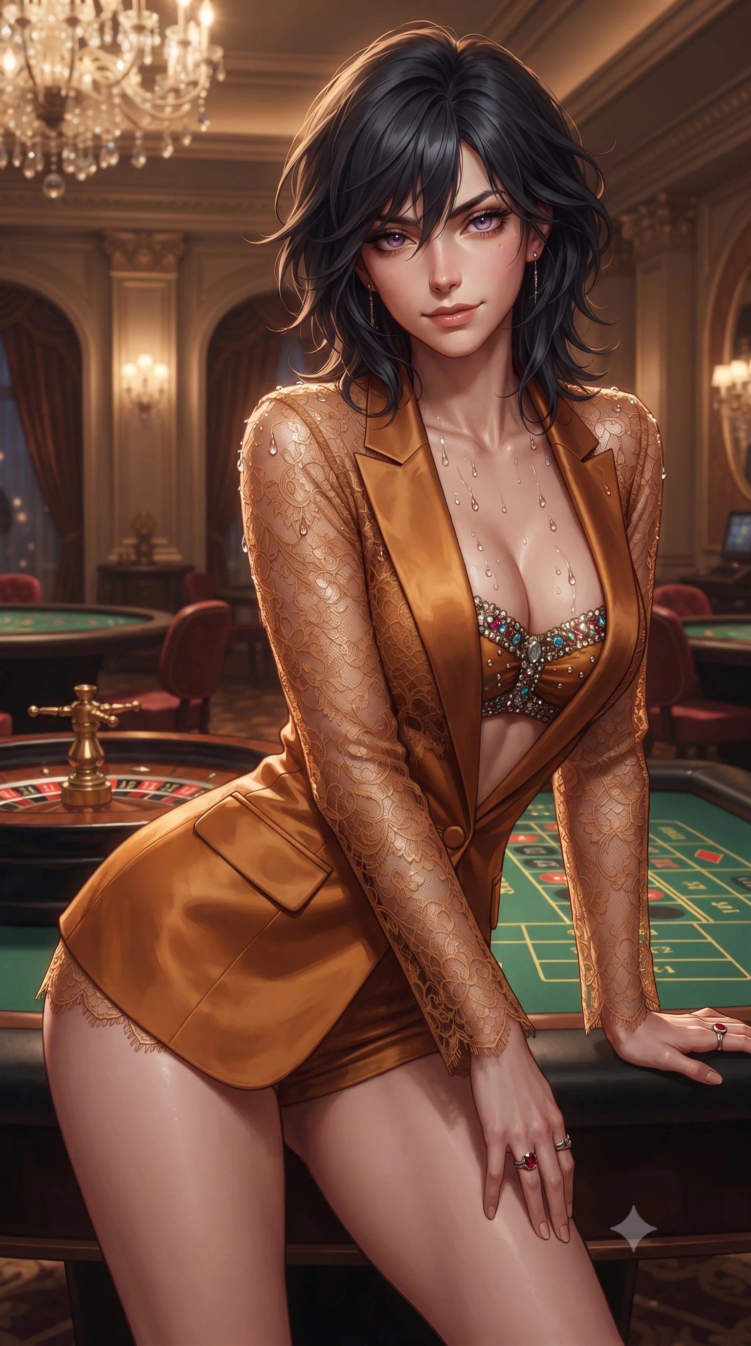 score_9, masterpiece, best quality, ultra-detailed, high-budget anime keyframe, editorial fashion photography, tasteful artistic composition, Caucasian woman. close-up cowboy shot from the waist and thighs up, the character dominates the composition, filling the frame with her large presence. leaning forward while arching her lower back to accentuate her curvy hips, looking into the camera with an intoxicating smoldering gaze and bedroom-eyes while standing poised beside the green baize roulette table with hips cocked back, casting an intoxicating, heavy-lidded smile. The surrounding environment is rendered in vivid detail and crisp panoramic clarity: detailed plunging cowl-neck silk gown cling, ruby ring shine, and opulent Belle Époque craftsmanship in high resolution. She has an exceptionally elegant, slender, and willowy female figure with an ultra-slim waist, flat toned midriff, narrow ribcage, and sculpted feminine hips creating an alluring, slim hourglass silhouette without bulk. sharp v-shaped jawline, high-bridge nose, sparkling eyes with hypnotic seductive depth, thick curled eyelashes, glossy parted lips with a natural dewy peach sheen, alluring bedroom-eyes with an enchanting coquettish smile, exuding magnetic siren charisma and sophisticated glamour, flawlessly proportioned anatomical accuracy, strict slender model proportions, natural body alignment, perfectly sculpted long slender limbs, ultra-slim waistline, clean dynamic posture without body distortion. wearing a tailored open-front satin smoking jacket worn over a jewel-embellished bandeau and micro-shorts in warm amber honey and antique gold leaf, made of delicate semi-sheer French Chantilly lace with intricate eyelash edges, finished with glistening drops of pool water beading across her sculpted shoulders and collarbones, the glove-like clinging cut tightly following the natural contour of her hips and long slender legs with youthful 8.5-heads elegance. illuminated by chandelier reflections and sharp warm-amber rim lights defining her delicate clavicles, ultra-slim waist, and curvy hips. ultra-reflective glossy finish, specular highlights, rich textural contrasts, high-contrast stereoscopic depth, volumetric dynamic lighting, 2k, ultra detail, master piece, 9:16 ratio