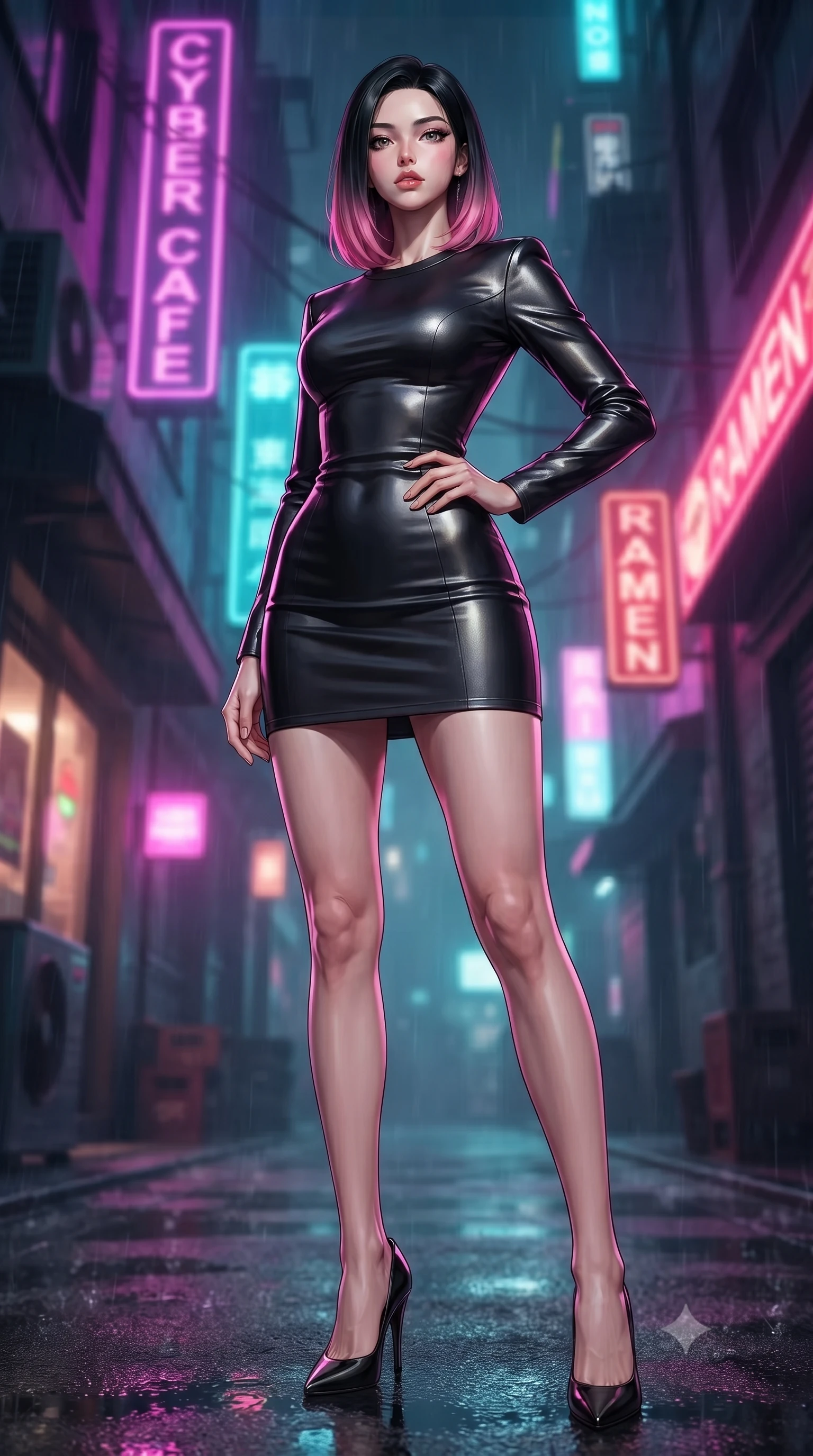score_9, masterpiece, best quality, ultra-detailed, high-budget anime keyframe, editorial fashion photography, tasteful artistic composition, Korean woman. low angle full-body shot from head to toe showing her feet, filling the entire 9:16 vertical frame with her statuesque presence, stretching her vertical silhouette. posing confidently with one hand on her hip, stretching her statuesque body to emphasize her curves the background shows a soft-focus a private rain-slicked alleyway under flickering neon signs in a futuristic cityscape. She has an absolutely perfect, statuesque 8.5-heads proportion, an exceptionally tall and slender model-like female figure with impossibly long slender legs and an ultra-slim waist. sharp v-shaped jawline, high-bridge nose, intricate jewel-like eyes with depth, thick eyelashes, glossy lips with a natural sheen. wearing a slim-fit form-fitting black bodycon dress in structured crepe fabric with a simple crew neck. vibrant magenta and cyan neon rim light casting sharp reflections on the wet asphalt. ultra-reflective glossy finish, specular highlights, metallic sheen, high-contrast stereoscopic depth, volumetric dynamic lighting, 2k, ultra detail, master piece, 9:16 ratio