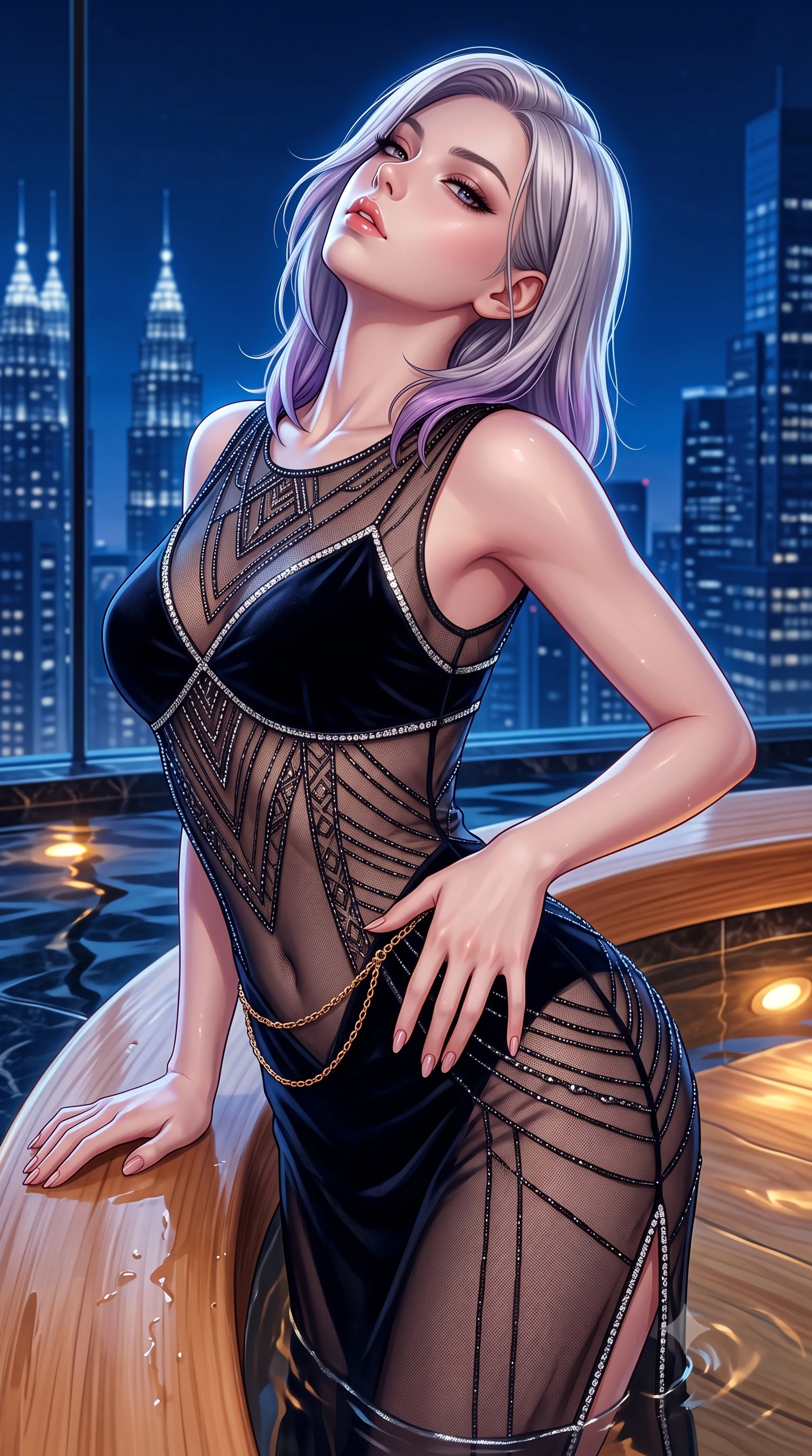 score_9, masterpiece, best quality, ultra-detailed, high-budget anime keyframe, semi-realistic 3D game render, editorial fashion photography, tasteful artistic composition, Caucasian woman. close-up cowboy shot from the waist and thighs up, the character dominates the composition, filling the frame with her large presence. resting one manicured hand delicately on her hip bone, her upper body turning in a fluid, seductive S-curve while parted lips glisten in the light while leaning back against the smooth cedarwood onsen rim, tilting her head back toward the night sky with parted glossy lips in luxurious tranquility. The surrounding environment is rendered in vivid detail and crisp panoramic clarity. sharp black granite waterline caustics, wet hinoki wood grain, and distant skyscraper lattice spires in deep focus. She has an exceptionally elegant, slender, and willowy female figure with an ultra-slim waist, flat toned midriff, narrow ribcage, and sculpted feminine hips creating an alluring, slim hourglass silhouette without bulk. sharp v-shaped jawline, high-bridge nose, intricate jewel-like eyes with depth, thick eyelashes, glossy parted lips with a natural sheen, intensely captivating and seductive bedroom-eyes expression, flawlessly proportioned anatomical accuracy, strict slender model proportions, natural body alignment, perfectly sculpted long slender limbs, ultra-slim waistline, clean dynamic posture without body distortion. wearing a sheer vintage mesh flapper dress adorned with intricate geometric beadwork over an opaque silk slip in pitch-black velvet with diamond crystal trim, made of sheer contouring power-mesh with velvet flocking patterns, accented with a delicate gold chain belt resting loosely on her curvy hips, the form-contouring material adhering flawlessly to her sculpted flat midriff and slender torso, emphasizing her long leg lines and perfectly proportioned willowy build. bathed in warm submerged amber pool lights contrasting with cool midnight blue metropolitan skylight. highly saturated vibrant anime colors, detailed shading with soft gradients, rich glossy textures, high-contrast stereoscopic depth, volumetric dynamic lighting, master piece, 9:16 ratio