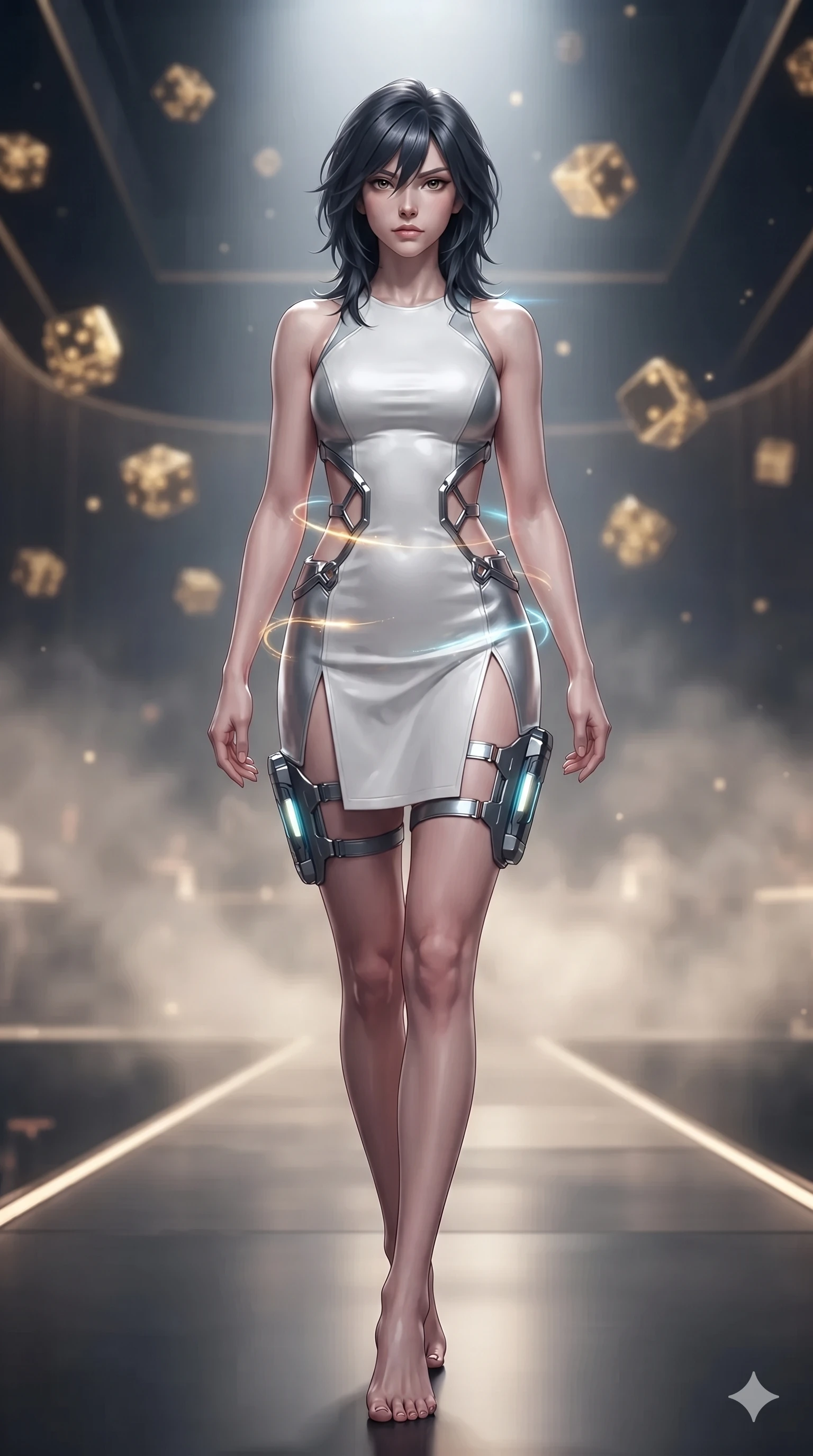 score_9, masterpiece, best quality, ultra-detailed, high-budget anime keyframe, editorial fashion photography, tasteful artistic composition, Caucasian woman. low angle full-body shot from head to toe showing her feet, filling the entire 9:16 vertical frame with her statuesque presence, stretching her vertical silhouette. stepping forward in a confident stride along the catwalk, her long slender legs and curvaceous hips creating a dynamic, sweeping vertical line while twisting her slender torso in an alluring S-curve, pulsing cyber-skyline light and golden dice glyphs tracing her flat midriff and hourglass curves. The background shows a soft-focus champagne ambient haze softened in suspended VIP pavilion shallow focus. She has an absolutely perfect, statuesque 8.5-heads proportion, an exceptionally tall and slender model-like female figure with impossibly long slender legs, an ultra-slim waist, a flat toned midriff, narrow delicate ribcage, and beautifully sculpted feminine hips creating a graceful, slim hourglass silhouette without any bulky heaviness. sharp v-shaped jawline, high-bridge nose, intricate jewel-like sparkling eyes with depth, thick eyelashes, glossy parted lips with a natural sheen, bright confident smile with an enchanting and coquettish sensual glint, exuding both youthful magnetic charm and sovereign high-tech allure, flawlessly proportioned anatomical accuracy, strict slender model proportions, natural body alignment, perfectly sculpted long slender limbs, ultra-slim waistline, clean dynamic posture without body distortion. wearing a provocative open-waist cutout tactical mini dress framed by sculptural chrome hardware and thigh-high slit in pure alabaster white and brushed silver accents, woven from buttery-soft stretch lambskin leather adhering to her body like a second skin, complemented by sleek cybernetic thigh holsters with illuminated power cells, the glove-like clinging cut tightly following the natural contour of her hips and long slender legs with youthful 8.5-heads elegance. illuminated by bar top reflections and sharp gold-cyan rim lights defining her razor-sharp jawline, narrow waist, and curvy hips. ultra-reflective glossy finish, specular highlights, rich textural contrasts, high-contrast stereoscopic depth, volumetric dynamic lighting, 2k, ultra detail, master piece, 9:16 ratio
