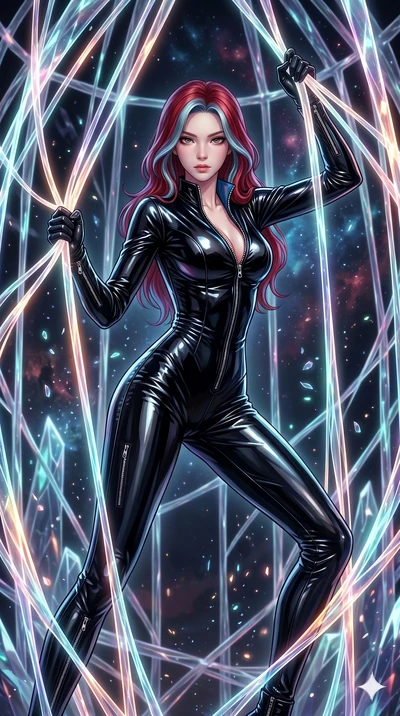 score_9, masterpiece, best quality, ultra-detailed, High-budget Anime Keyframe, East Asian woman. Dynamic full-body shot stretching the vertical silhouette to the limit. Scenario 102: Trapped in a cage of glowing crystalline fibers, body pressing aga