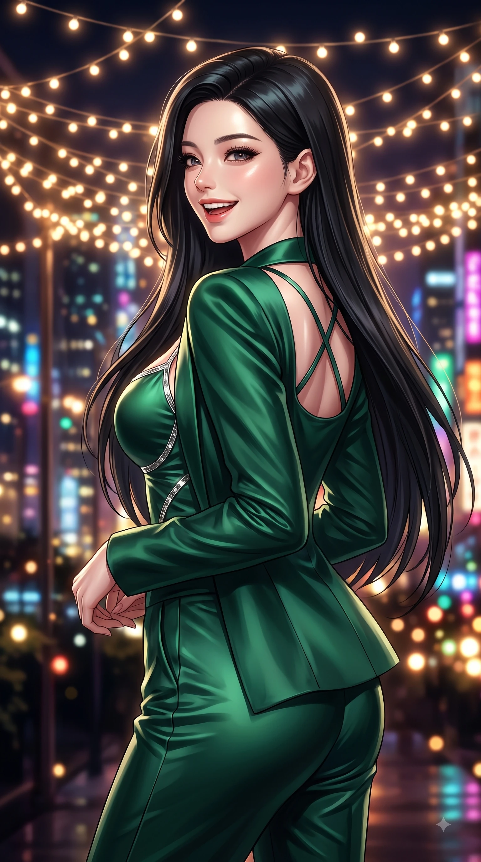score_9, masterpiece, best quality, ultra-detailed, high-budget anime keyframe, editorial fashion photography, tasteful artistic composition, Korean woman. close-up cowboy shot from the waist and thighs up, the character dominates the composition, filling the frame with her large presence, background elements kept in soft focus. Warm delightful smile while casting a playful, joyful side-gaze with heavy lashes and a glowing expression while pivoting dynamically amidst string fairy lights with a laughing, delighted expression, glistening city lights and warm string fairy lamps creating rich ambient bokeh. She has an exceptionally elegant, slender, and willowy female figure with an ultra-slim waist, a gracefully sculpted slender torso, and a refined silhouette. sharp v-shaped jawline, high-bridge nose, intricate jewel-like eyes with depth, thick eyelashes, glossy lips with a natural sheen, flawlessly proportioned anatomical accuracy, natural body alignment, perfectly sculpted elegant limbs, clean dynamic posture without body distortion. wearing a tailored silk blazer over a form-contouring scoop-neck top and slacks in deep emerald green and silver accent, crafted from lustrous satin jersey with fluid draping, complemented by criss-cross back straps highlighting her bare shoulders, the elegant draped fit framing her graceful clavicle and slender torso. surrounded by an electric, joyful party atmosphere with high specular shine. ultra-reflective glossy finish, specular highlights, metallic sheen, high-contrast stereoscopic depth, volumetric dynamic lighting, 2k, ultra detail, master piece, 9:16 ratio