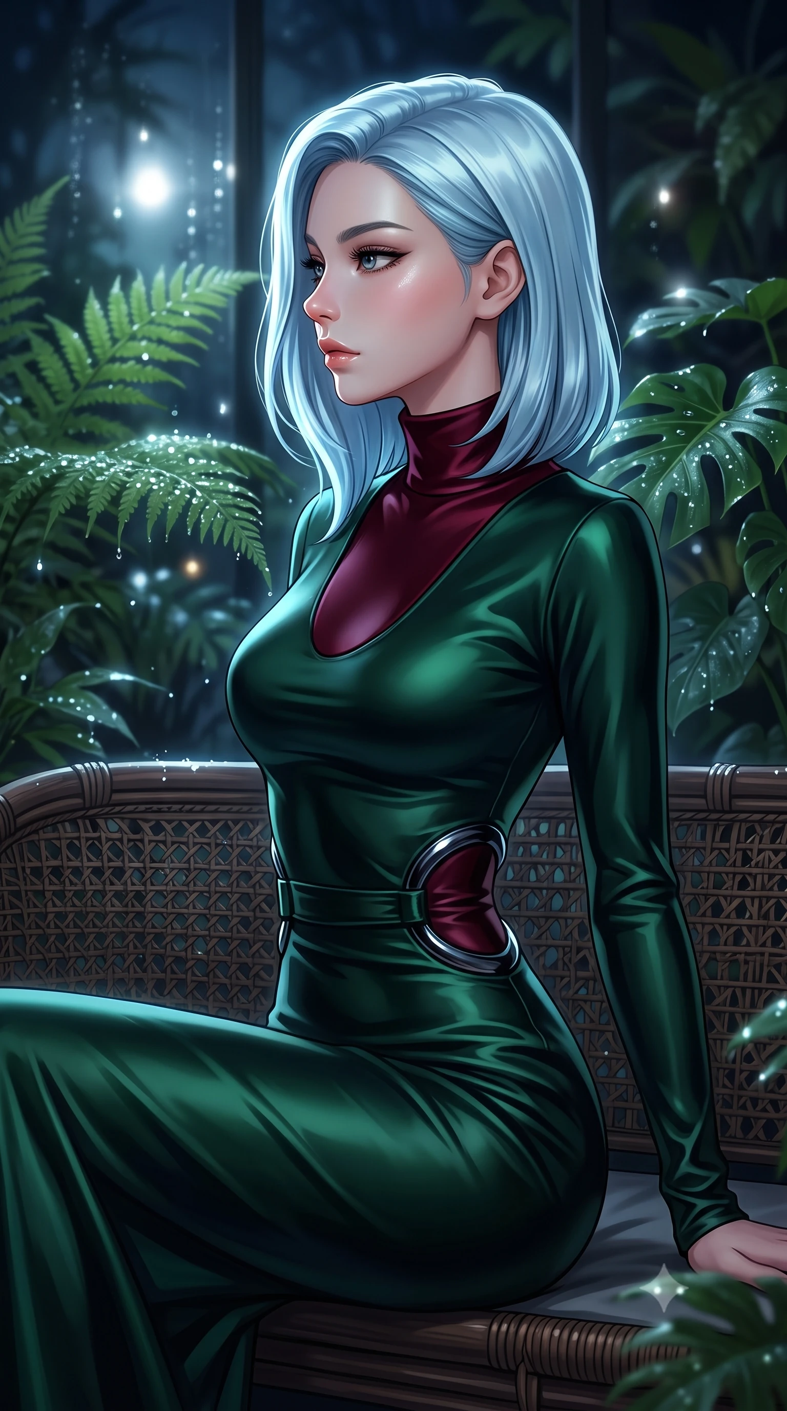 score_9, masterpiece, best quality, ultra-detailed, high-budget anime keyframe, editorial fashion photography, tasteful artistic composition, Korean woman. close-up cowboy shot from the waist and thighs up, the character dominates the composition, filling the frame with her large presence, background elements kept in soft focus. Turning her face in sharp dramatic profile against the key light, resting on a dark rattan daybed surrounded by humid, dew-covered tropical flora, cozy yet intensely alluring nocturnal greenhouse atmosphere. She has an exceptionally elegant, slender, and willowy female figure with an ultra-slim waist, a gracefully sculpted slender torso, and a refined silhouette. sharp v-shaped jawline, high-bridge nose, intricate jewel-like eyes with depth, thick eyelashes, glossy lips with a natural sheen. wearing long-sleeved dark emerald satin gown with high structured collar in deep crimson burgundy, made of liquid dark mercury jersey, accented with sculpted obsidian chrome rings at the waist, sculpting her athletic slender build with refined precision. surrounded by a moody nocturnal glow with sharp specular water glints. highly saturated vibrant anime colors, detailed shading with soft gradients, rich glossy textures, high-contrast stereoscopic depth, volumetric dynamic lighting, master piece, 9:16 ratio