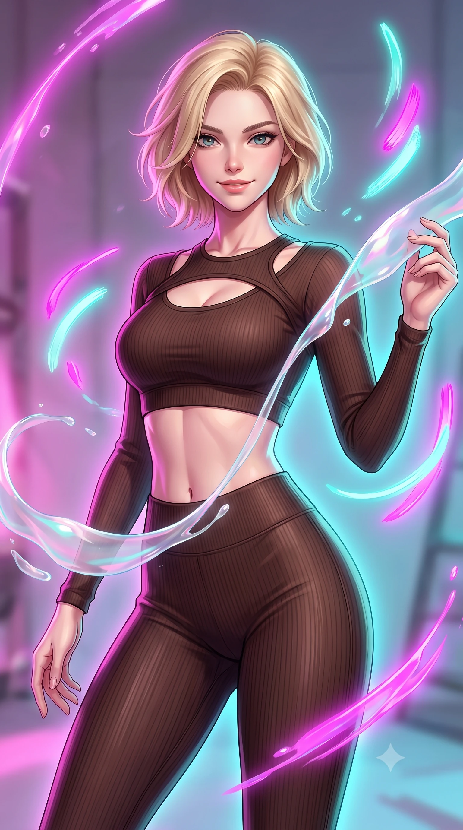 score_9, masterpiece, best quality, ultra-detailed, high-budget anime keyframe, editorial fashion photography, tasteful artistic composition, Caucasian woman. close-up cowboy shot from the waist and thighs up, the character dominates the composition, filling the frame with her large presence, background elements kept in soft focus. Smiling with quiet, magnetic self-assurance directly into the lens guiding viscous opal paint ribbons hovering gracefully in mid-air, glowing neon brushstrokes floating poetically around her silhouette. She has an exceptionally elegant, slender, and willowy female figure with an ultra-slim waist, a gracefully sculpted slender torso, and a refined silhouette. sharp v-shaped jawline, high-bridge nose, intricate jewel-like eyes with depth, thick eyelashes, glossy lips with a natural sheen. wearing a form-fitting ribbed activewear set in espresso brown with elegant collar cutouts, the form-contouring material highlighting her ultra-slim waist and long lines. surrounded by a radiant glow of magenta and aqua fluid highlights. highly saturated vibrant anime colors, detailed shading with soft gradients, rich glossy textures, high-contrast stereoscopic depth, volumetric dynamic lighting, master piece, 9:16 ratio