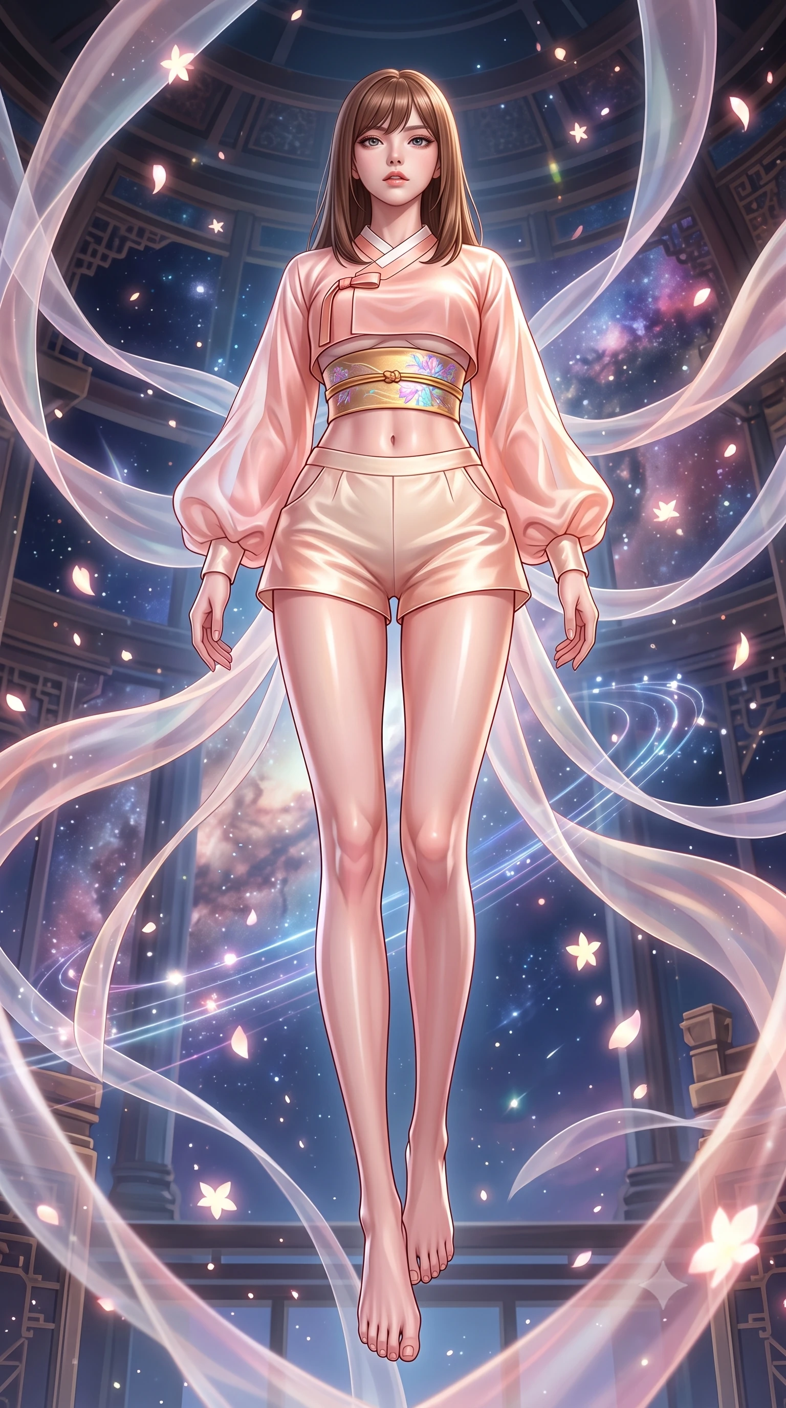 score_9, masterpiece, best quality, ultra-detailed, high-budget anime keyframe, semi-realistic 3D game render, editorial fashion photography, tasteful artistic composition, Korean woman. low angle full-body shot from head to toe showing her feet, filling the entire 9:16 vertical frame with her statuesque presence, stretching her vertical silhouette. landing lightly on the balls of her feet in a balanced kinetic stance, eyes locked onto the camera with fearless allure while floating weightlessly in a celestial sanctuary chamber where endless translucent silk ribbons and glowing star petals drift in zero gravity. The surrounding environment is rendered in vivid detail and crisp panoramic clarity. transcendent zero-gravity chiaroscuro and cosmic oriental palace aesthetics captured with precision. She has an absolutely perfect, statuesque 8.5-heads proportion, an exceptionally tall and slender model-like female figure with impossibly long slender legs, a toned flat midriff, and an ultra-slim waist. sharp v-shaped jawline, high-bridge nose, intricate jewel-like eyes with depth, thick eyelashes, glossy lips with a natural sheen, captivating and magnetic expression, flawlessly proportioned anatomical accuracy, strict slender model proportions, natural body alignment, perfectly sculpted long slender limbs, ultra-slim waistline, clean dynamic posture without body distortion. wearing a modern shortened cyber-hanbok crop top with wide billowing sleeves and high-waist silk shorts in soft peach blossom pink and warm ivory, crafted from traditional Korean gossamer silk organza with pearlescent luster, complemented by a wide metallic gold obi sash with holographic floral embroidery, the precision-cut daring openings accentuating her delicate midriff, graceful bare collarbones, and ultra-slim feminine waistline. illuminated by crisp specular highlights tracing her ultra-slim waist, toned midriff, and long slender limbs. highly saturated vibrant anime colors, detailed shading with soft gradients, rich glossy textures, high-contrast stereoscopic depth, volumetric dynamic lighting, master piece, 9:16 ratio