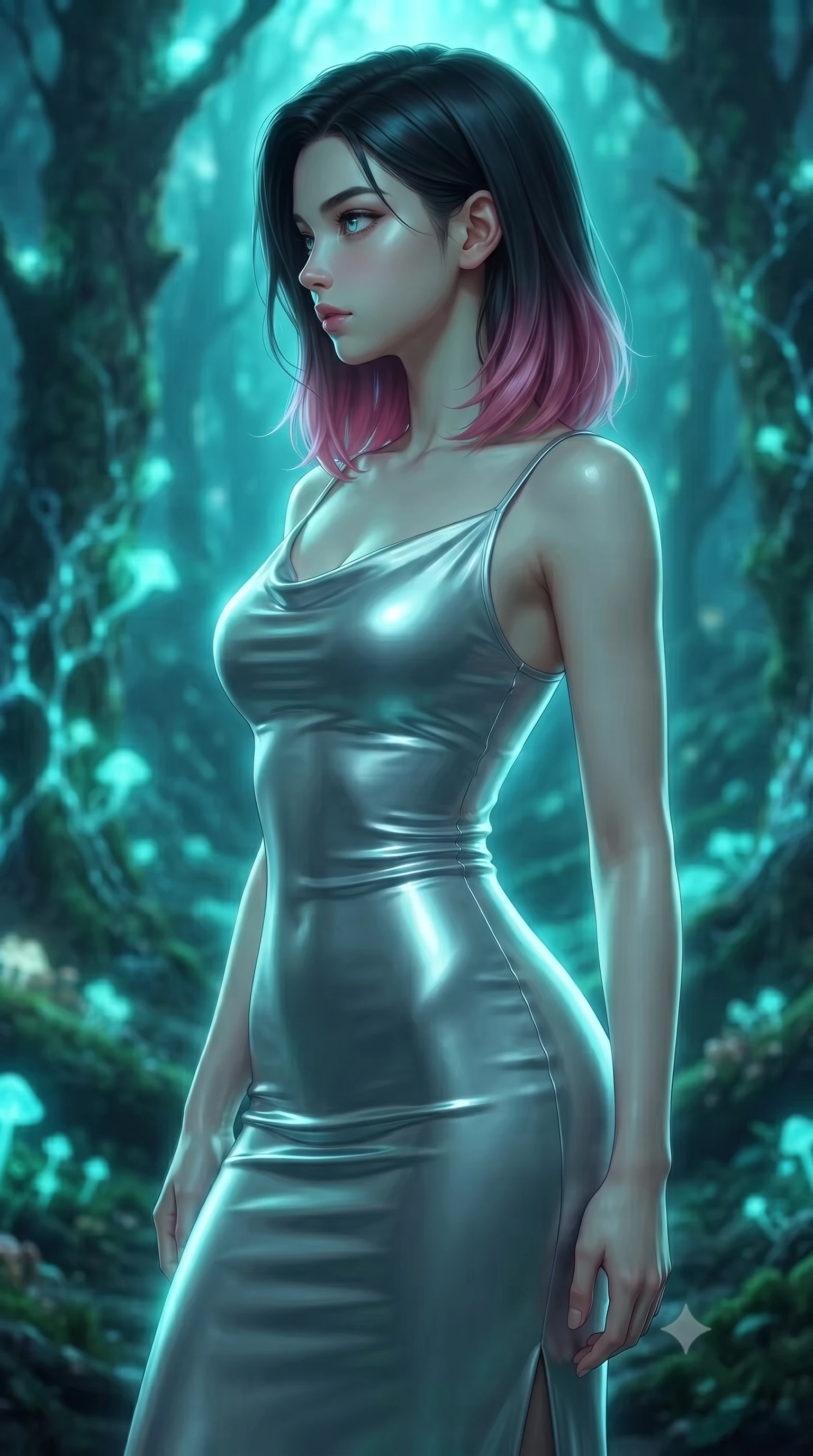 score_9, masterpiece, best quality, ultra-detailed, high-budget anime keyframe, editorial fashion photography, tasteful artistic composition, Korean woman woman. close-up cowboy shot from the waist and thighs up, the character dominates the composition, filling the frame with her large presence, background elements kept in soft focus. She has an exceptionally elegant, slender, and willowy female figure with an ultra-slim waist, a gracefully sculpted slender torso, and a refined silhouette. turning her head in a sharp dramatic profile against the key light, her eyes glowing with calm focus, flawlessly proportioned anatomical accuracy, natural body alignment, perfectly sculpted elegant limbs, clean dynamic posture without body distortion. set against a soft-focus background of an ancient rainforest with pulsing opal fungal mycelium networks. wearing a sleek bodycon liquid silver jersey dress hugging every curve with a subtle cowl neckline. bathed in cool emerald and cyan bioluminescent organic glow wrapping her silhouette. ultra-reflective glossy finish, specular highlights, metallic sheen, high-contrast stereoscopic depth, volumetric dynamic lighting, 2k, ultra detail, master piece, 9:16 ratio