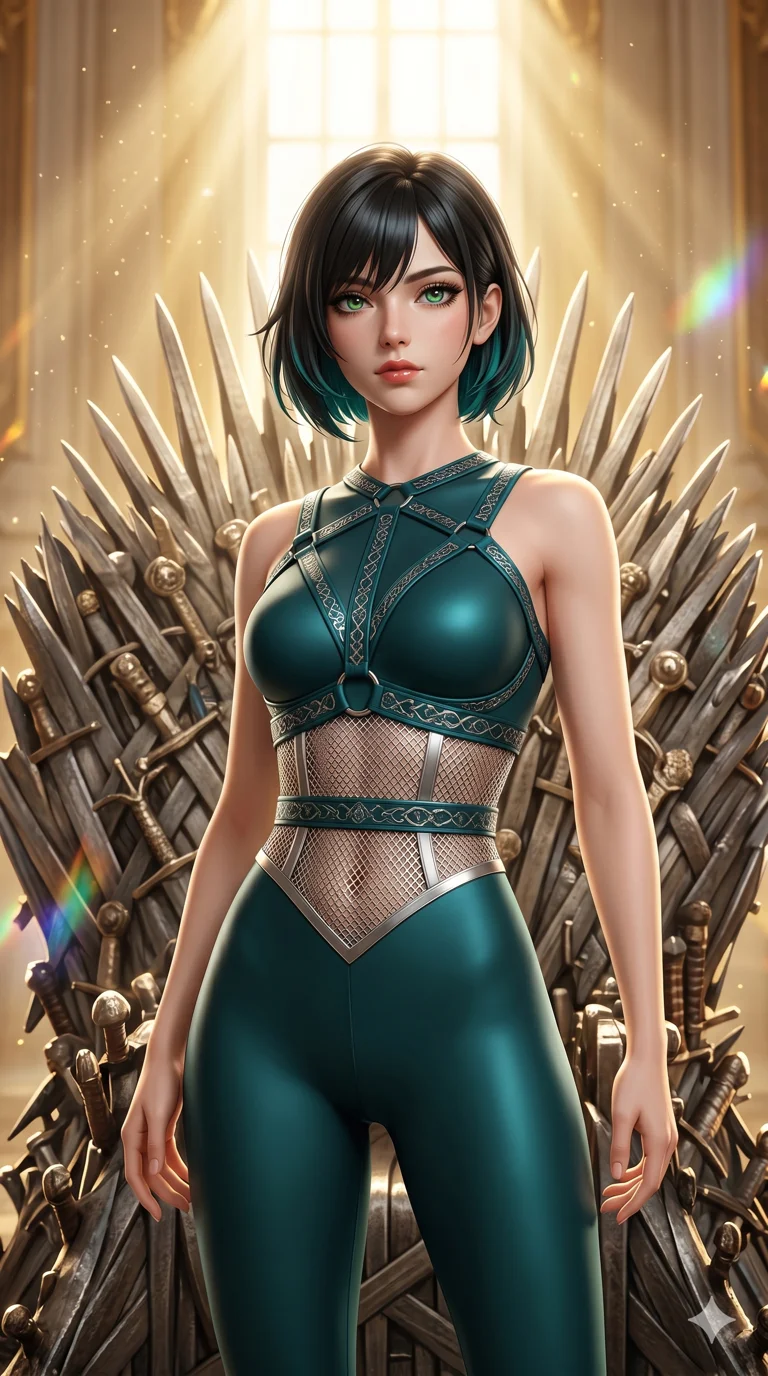 첨부의 캐릭터 얼굴만 유지해, score_9, masterpiece, best quality, ultra-detailed, Set B: Semi-realistic 3D Game Render, Caucasian woman (strictly human ears). Upper body close-up from the thighs up, character filling the screen for maximum presence. Standing on a throne of swords in a grand hall. She has an absolutely perfect 8-heads proportion, an exceptionally tall and slender female figure with an slender waist and commanding presence. Sharp v-shaped jawline, high-bridge nose, intricate jewel-like eyes with depth, thick eyelashes, glossy lips. Wearing a K-Idol Stage outfit: sleek bodysuit with a decorative harness and silver mesh. Background is a bright and colorful palace interior with golden light rays and floating dust particles. 2k, ultra detail, master piece, 9:16 ratio