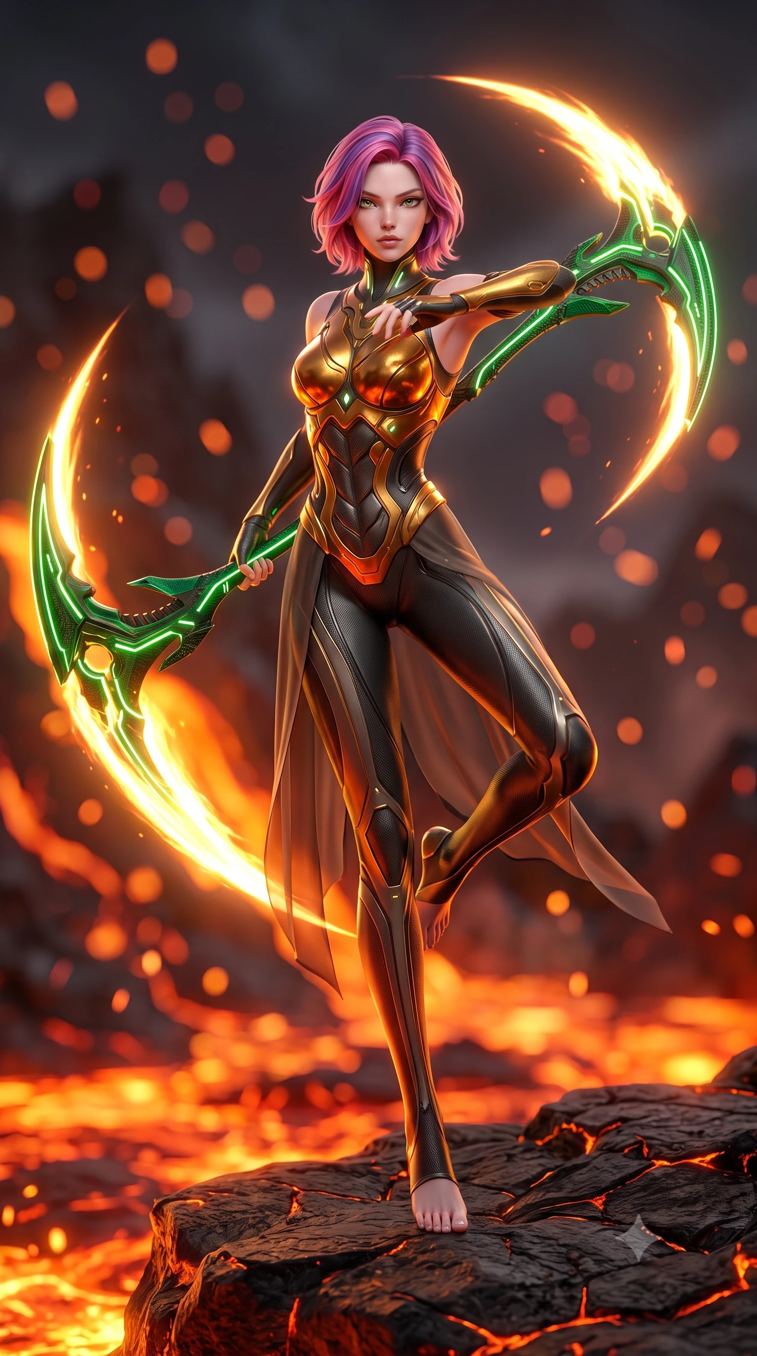 score_9, masterpiece, best quality, ultra-detailed, high-budget anime keyframe, semi-realistic 3D game render, editorial fashion photography, tasteful artistic composition, Caucasian woman. low angle full-body shot from head to toe showing her feet, filling the entire 9:16 vertical frame with her statuesque presence, stretching her vertical silhouette. performing an alluring mid-air combat landing with flawless poise, looking directly into the camera with regal, deadly intensity while pivoting dynamically in a sweeping spin as the molten-orange plasma scythe blade leaves a blazing crescent of light in mid-air. The composition keeps background elements in soft focus with creamy bokeh. bubbling molten lava rivers and drifting volcanic embers blurred into fiery orange, crimson, and charcoal bokeh. She has an absolutely perfect, statuesque 8.5-heads proportion, an exceptionally tall and slender model-like female figure with impossibly long slender legs, a toned flat midriff, and an ultra-slim waist. sharp v-shaped jawline, high-bridge nose, intricate jewel-like eyes with depth, thick eyelashes, glossy lips with a natural sheen, flawlessly proportioned anatomical accuracy, strict slender model proportions, natural body alignment, perfectly sculpted long slender limbs, ultra-slim waistline, clean dynamic posture without body distortion. wearing a sculpted molten-gold and dark carbon cuirass paired with high-mobility combat leggings and sheer side drapes, wielding a glowing plasma energy scythe with fluid grace in emerald green carbon composite with glowing lime laser channels, made of liquid carbon-jersey fabric adhering flawlessly to her sculpted silhouette, featuring a sleek aerodynamic collar framed by subtle glowing cybernetic status LEDs, the glove-like aerodynamic second-skin fit tightly clinging to her ultra-slender waist and athletic curves without adding bulk, accentuating her razor-sharp statuesque lines and slim hourglass silhouette. bathed in blazing orange magma uplights and intense molten plasma scythe glow. rich saturated anime colors with glowing neon highlights, detailed shading with soft gradients, rich glossy textures, high-contrast stereoscopic depth, volumetric dynamic lighting, master piece, 9:16 ratio