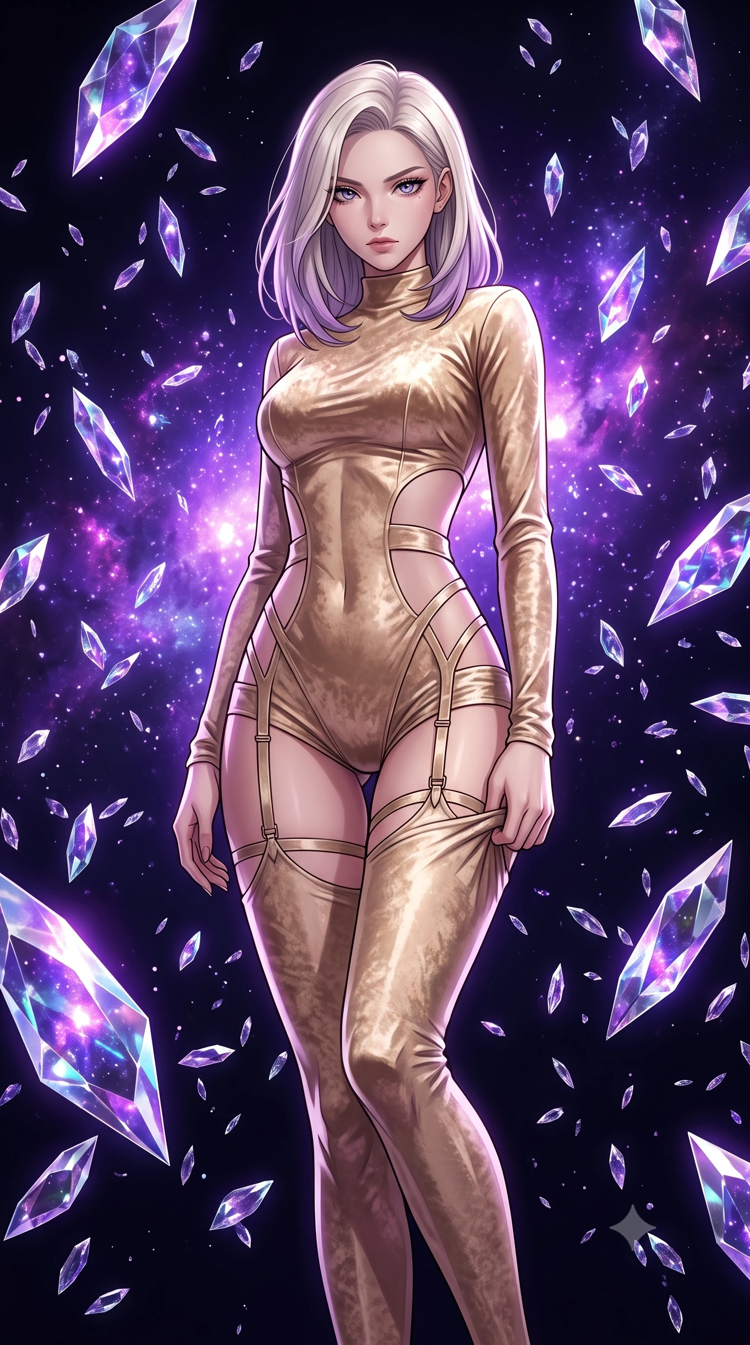 score_9, masterpiece, best quality, ultra-detailed, High-budget Anime Keyframe, Caucasian woman, strictly human ears. Dynamic full-body shot stretching the vertical silhouette to the limit. Scenario 401: adjusting her thigh-high stocking near a dark void filled with floating crystal shards reflecting purple nebulae. Her presence is magnetic and overpowering in this high-budget anime scene. Outfit 401: a tailored champagne gold crushed velvet catsuit with strategic waist cut-outs and slender leg straps. The clothing is designed to emphasize her exceptionally tall and slender 8-heads proportion. 8-heads proportion, towering silhouette, ultra-slim waist. sharp v-shaped jawline, intricate jewel-like eyes with depth, thick eyelashes, glossy lips. 2k, ultra detail, master piece, 9:16 ratio