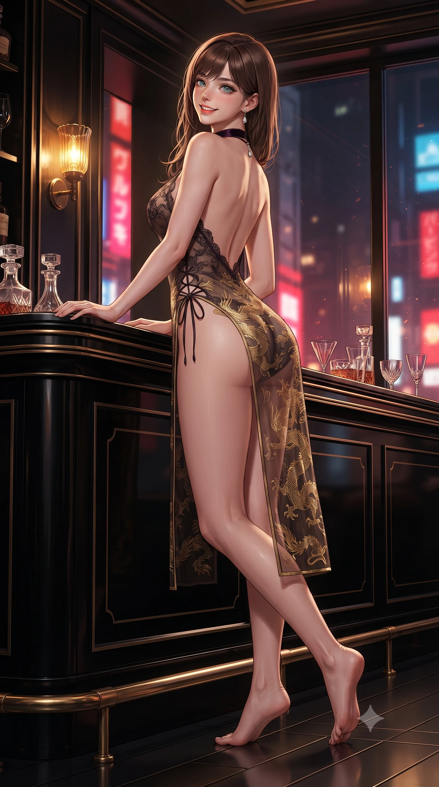 score_9, masterpiece, best quality, ultra-detailed, high-budget anime keyframe, editorial fashion photography, tasteful artistic composition, Korean woman. low angle full-body shot from head to toe showing her feet, filling the entire 9:16 vertical frame with her statuesque presence, stretching her vertical silhouette. stepping slowly toward the camera with hypnotic grace, hips swaying in an alluring sensual rhythm that accentuates her curvy hourglass silhouette and long slender legs while leaning against the black lacquered Art Deco bar counter with hips cocked back, looking over a bare shoulder with an intoxicating smoldering bedroom-gaze. The surrounding environment is rendered in vivid detail and crisp panoramic clarity: detailed sheer silk organza modern qipao dress weave, gold dragon embroidery, and master metalwork in razor-sharp precision. She has an exceptionally tall and slender model-like 8.5-heads proportion, an ultra-slim waist, a flat toned midriff, narrow delicate ribcage, and beautifully sculpted feminine hips creating a graceful, slim hourglass silhouette without any bulky heaviness, with impossibly long slender legs. sharp v-shaped jawline, high-bridge nose, intricate jewel-like sparkling eyes with depth, thick eyelashes, glossy parted lips with a natural peach sheen, bright cheerful beaming smile with an enchanting and coquettish sensual glint, exuding both youthful cute charm and seductive allure, flawlessly proportioned anatomical accuracy, strict slender model proportions, natural body alignment, perfectly sculpted long slender limbs, ultra-slim waistline, clean dynamic posture without body distortion. wearing an alluring semi-sheer botanical lace teddy with open back and delicate satin ties along the hips in Lofoten midnight obsidian and warm hearth copper, crafted from translucent silk organza with an ethereal crystalline sheen, finished with a thin velvet ribbon choker and a single teardrop diamond pendant, the liquid-tight tailored fabric clinging flawlessly to her narrow waist and rounded feminine hips, emphasizing every millimeter of her sculpted slim hourglass curves without any bulky heaviness. bathed in the warm golden 2500K glow of vintage amber glass sconces mixed with electric crimson and sapphire city lights spilling through glass. ultra-reflective glossy finish, specular highlights, rich textural contrasts, high-contrast stereoscopic depth, volumetric dynamic lighting, 2k, ultra detail, master piece, 9:16 ratio